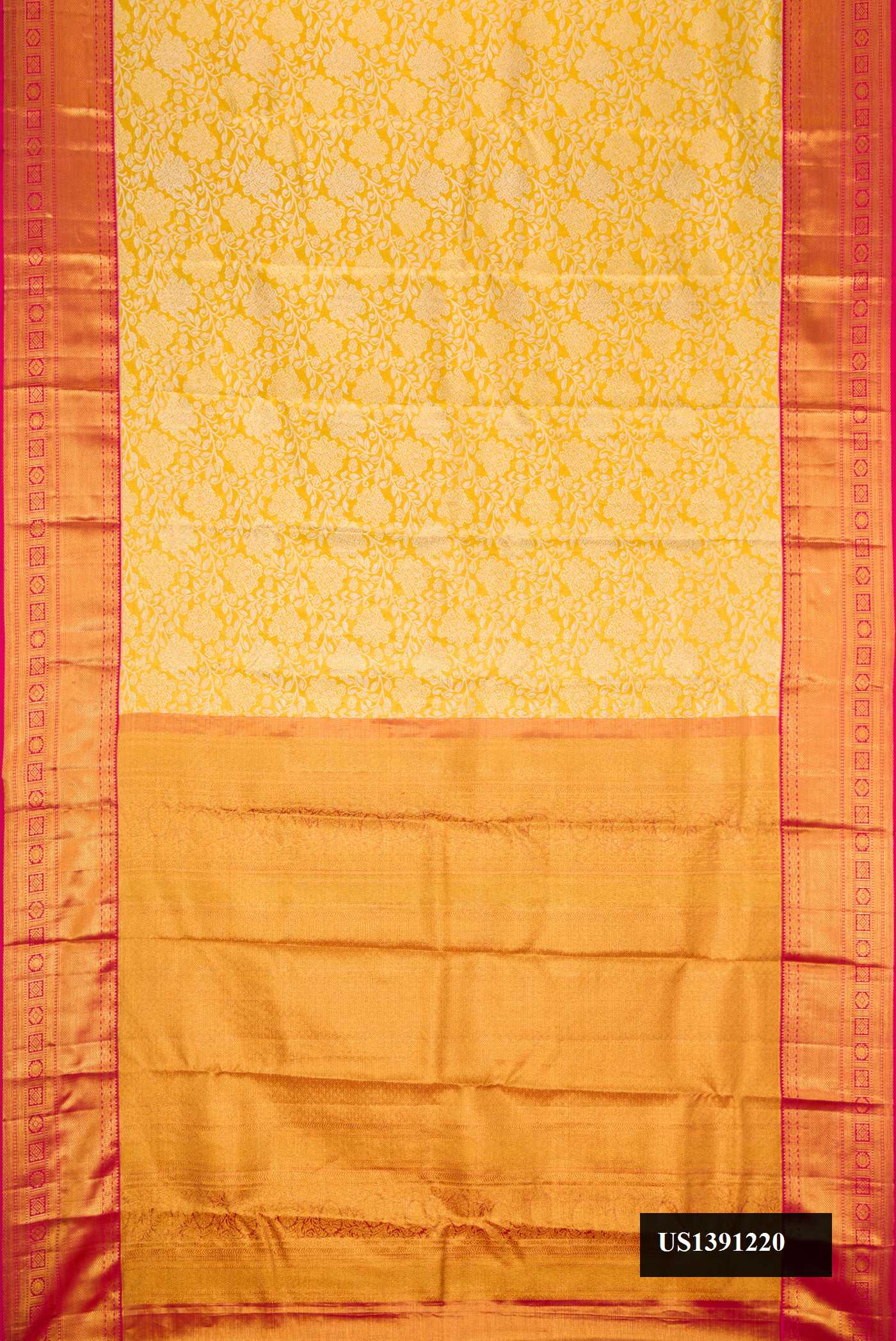 Gold Dual Tone Kanchipuram Tissue Silk Saree with Zari Brocade on the body and Zari Border.  displayed on a mannequin