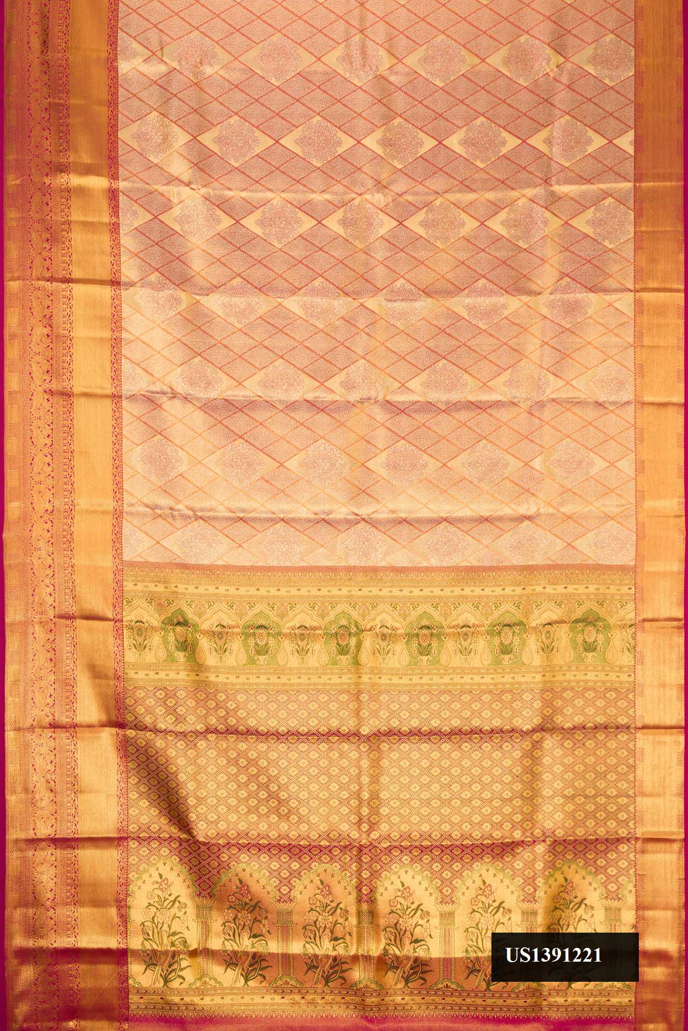 Gold Dual Tone Kanchipuram Tissue Silk Saree with Zari Brocade on the body and Zari Border.  displayed on a mannequin