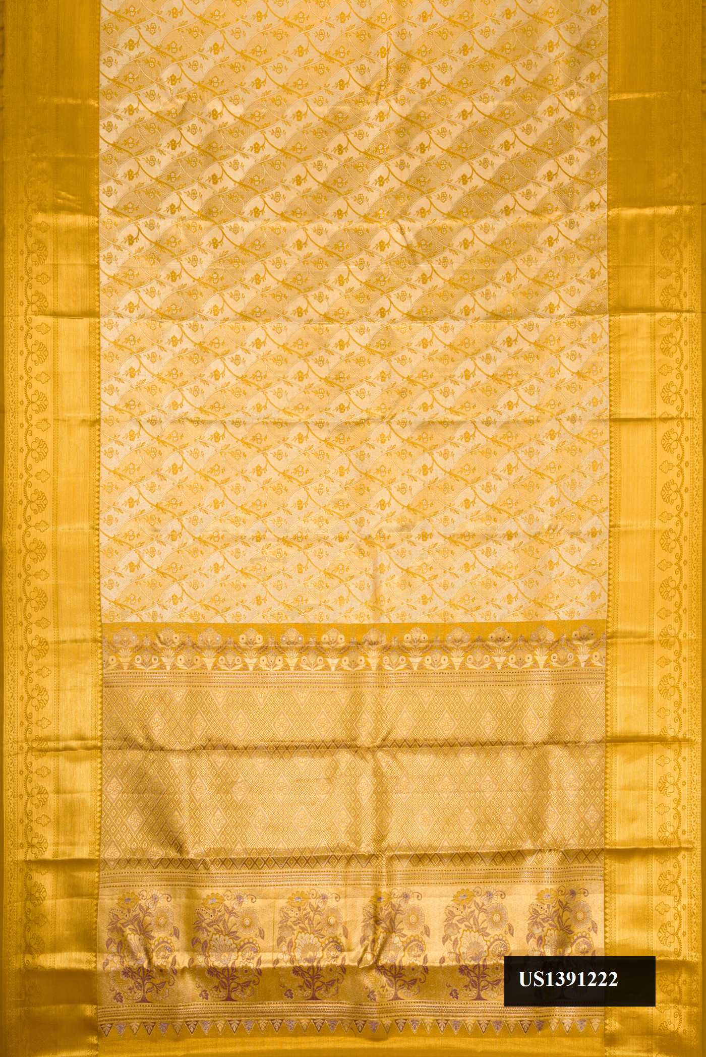 Gold Dual Tone Kanchipuram Tissue Silk Saree with Zari Brocade on the body and Zari Border.  displayed on a mannequin