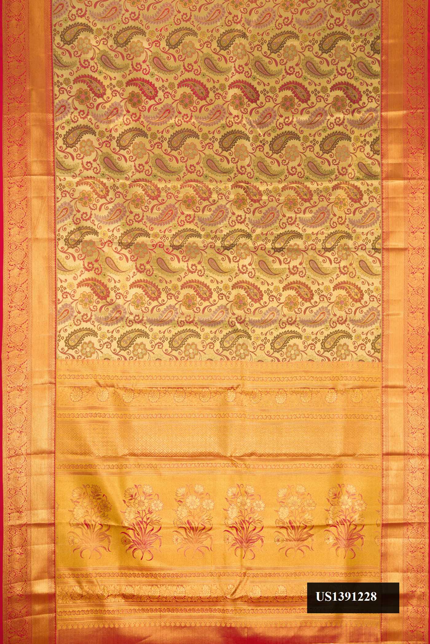 Gold Dual Tone Kanchipuram Tissue Silk Saree with Zari Brocade on the body and Zari Border.  displayed on a mannequin
