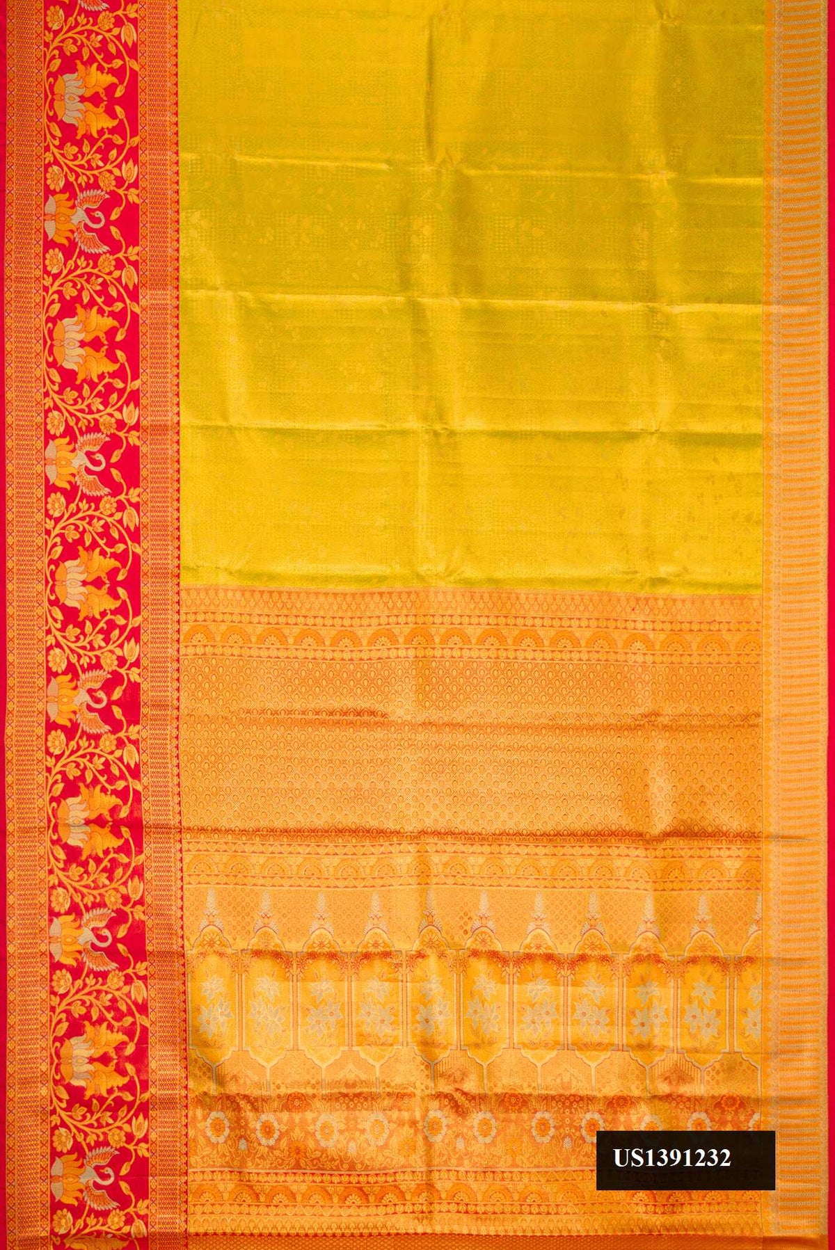 Gold Dual Tone Kanchipuram Tissue Silk Saree with Zari Brocade on the body and Fancy Border.  displayed on a mannequin
