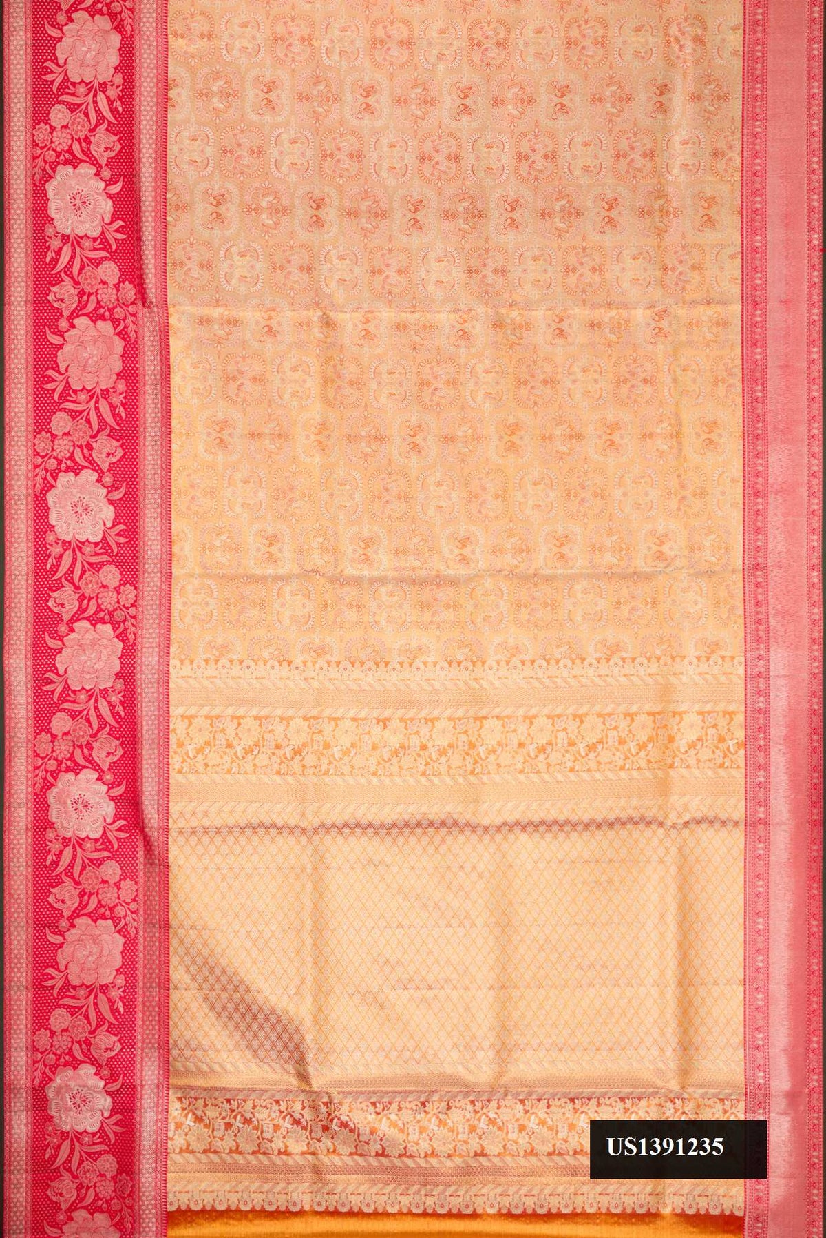 Gold Dual Tone Kanchipuram Tissue Silk Saree with Zari Brocade on the body and Fancy Border.  displayed on a mannequin