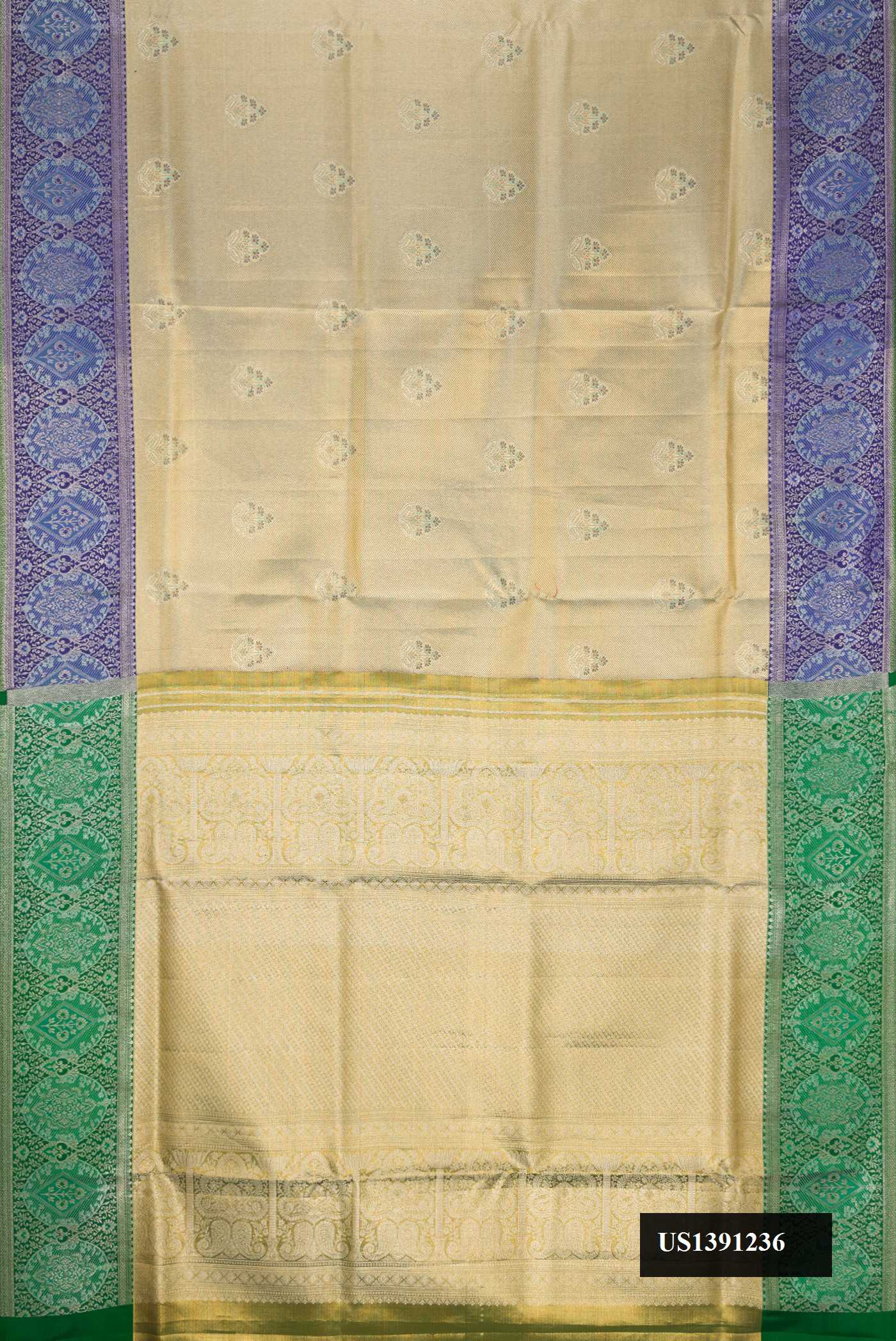 Gold Dual Tone Kanchipuram Tissue Silk Saree with Zari Brocade on the body and Fancy Border.  displayed on a mannequin