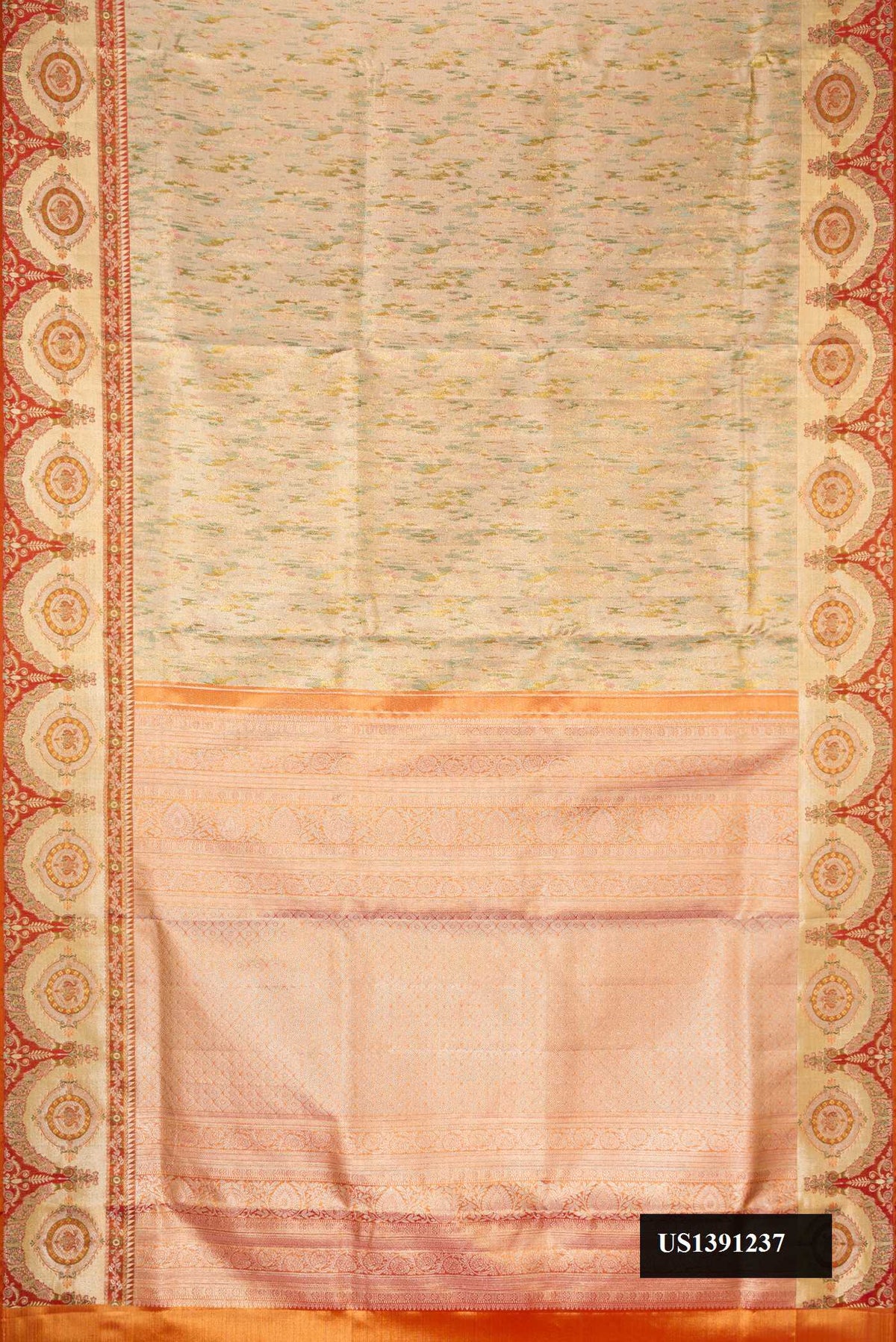 Green Dual Tone Kanchipuram Tissue Silk Saree with Zari Brocade on the body and Fancy Border.  displayed on a mannequin