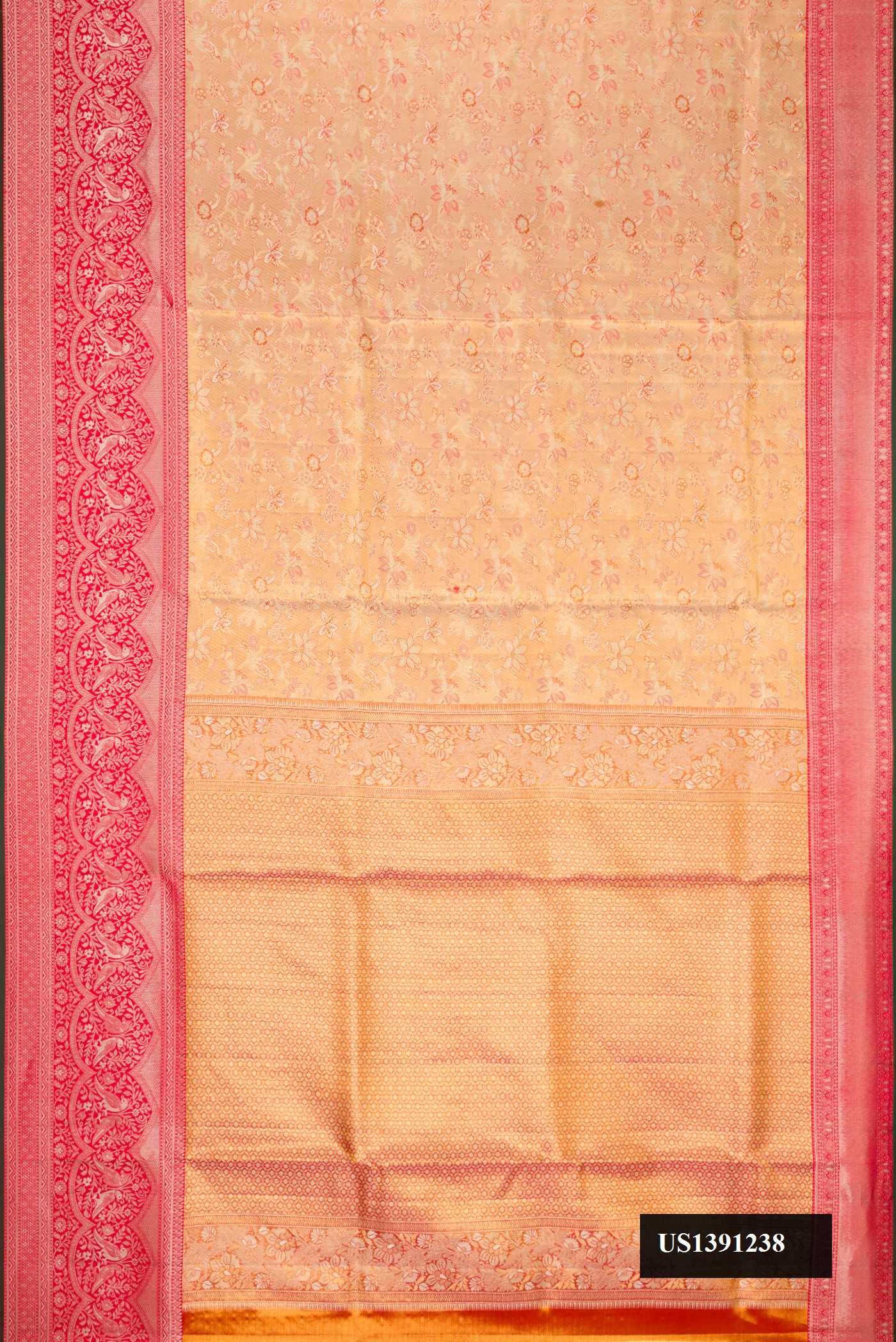 Gold Dual Tone Kanchipuram Tissue Silk Saree with Zari Brocade on the body and Fancy Border.  displayed on a mannequin