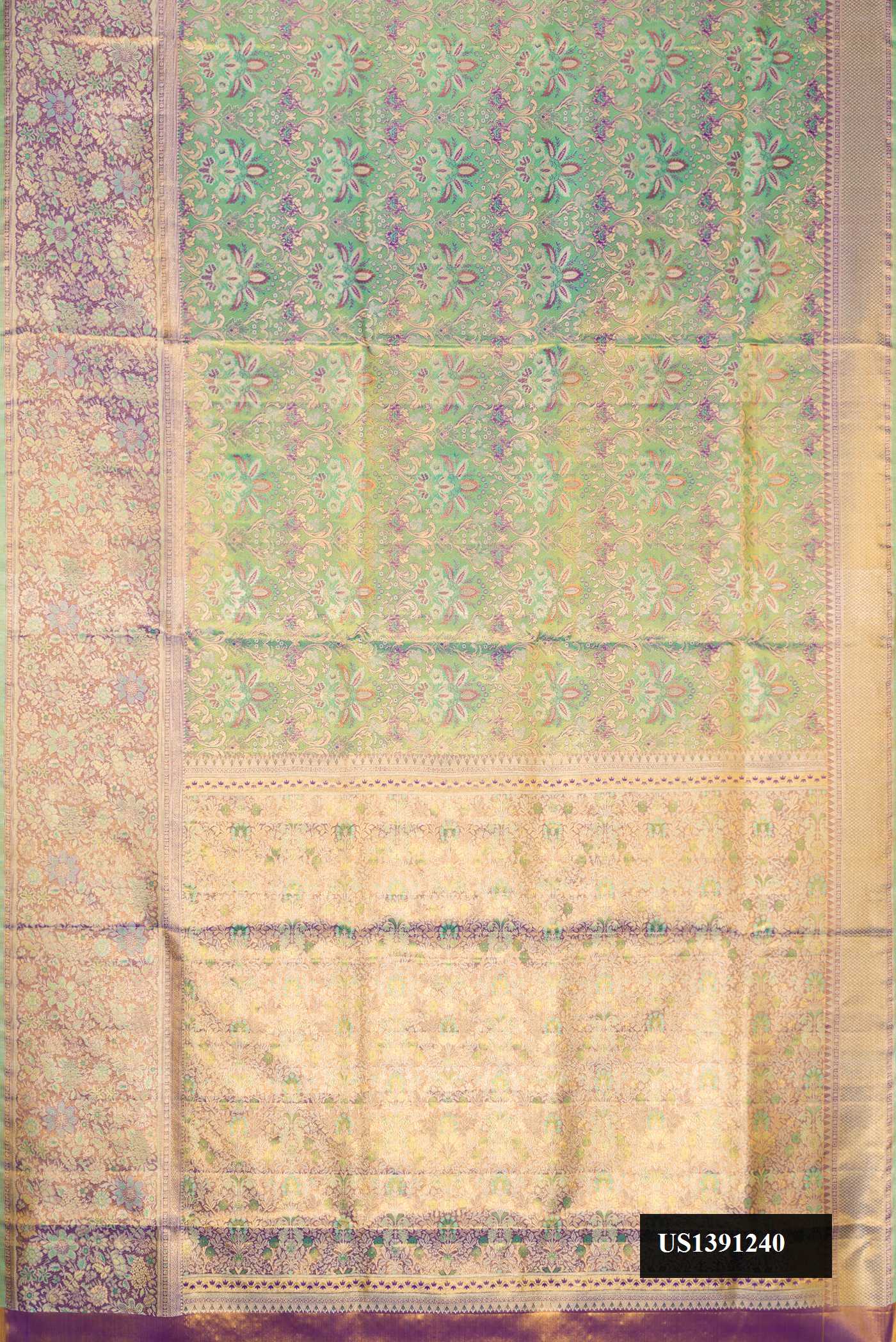 Sea Green Dual Tone Kanchipuram Tissue Silk Saree with Zari Brocade on the body and Fancy Border.  displayed on a mannequin