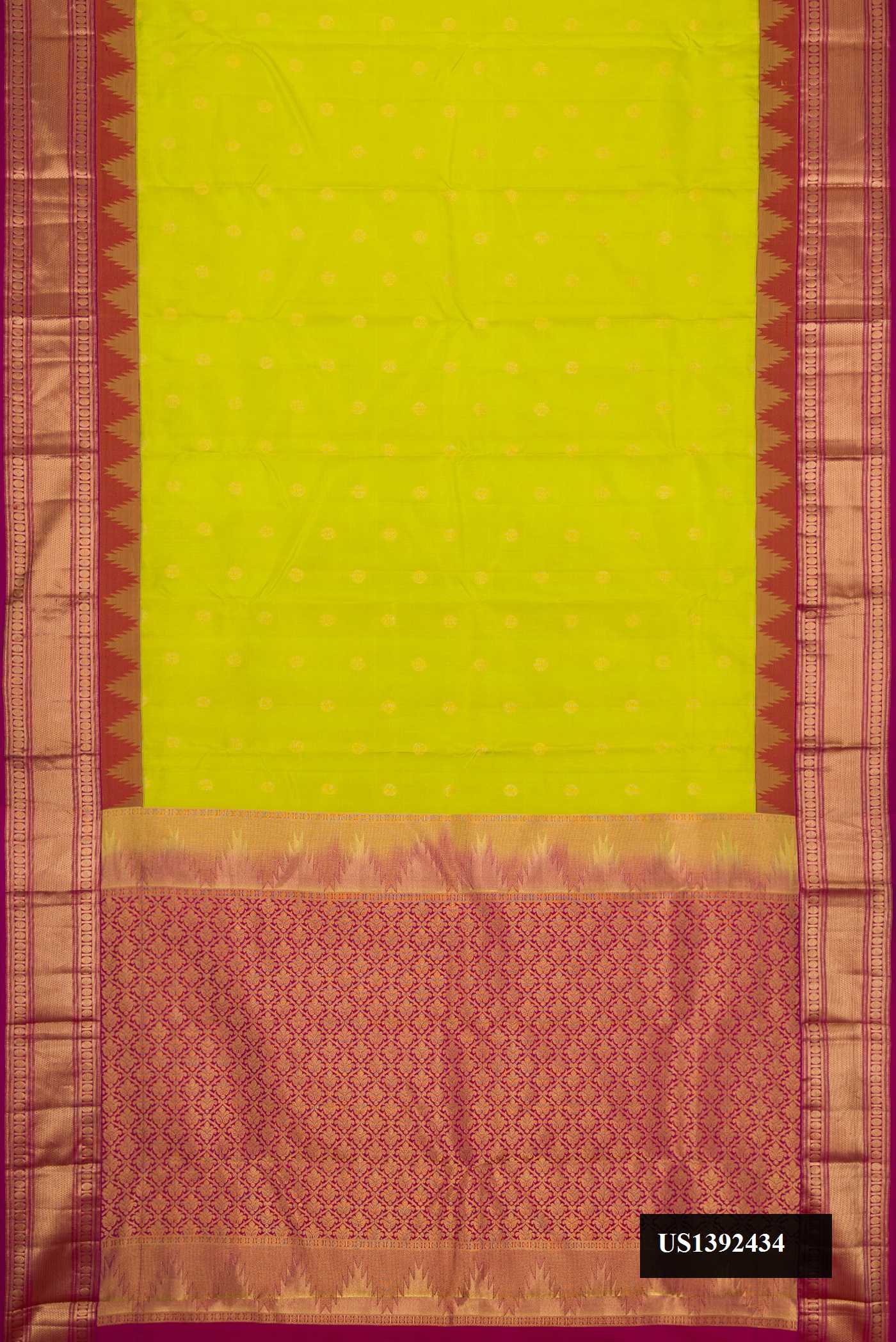 Parrot Green Dual Tone Kanchipuram Silk Saree with Zari Butta on the body and Zari Border.  displayed on a mannequin