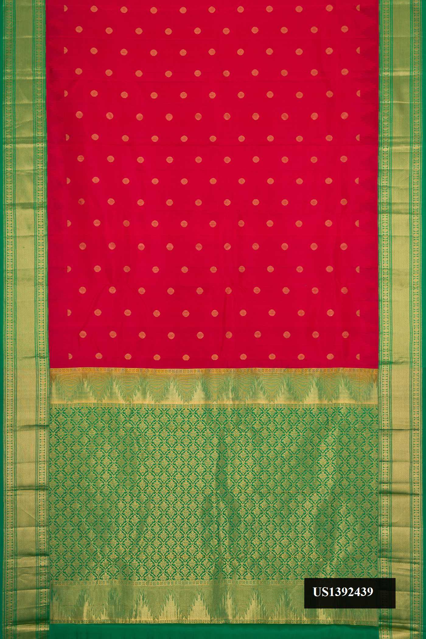 Red Dual Tone Kanchipuram Silk Saree with Zari Butta on the body and Zari Border.  displayed on a mannequin