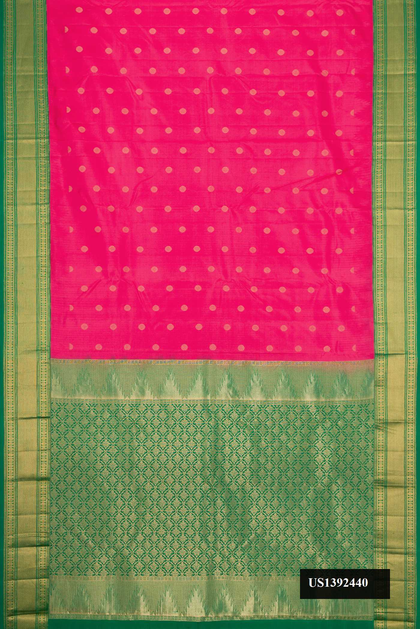 Pink Dual Tone Kanchipuram Silk Saree with Zari Butta on the body and Zari Border.  displayed on a mannequin