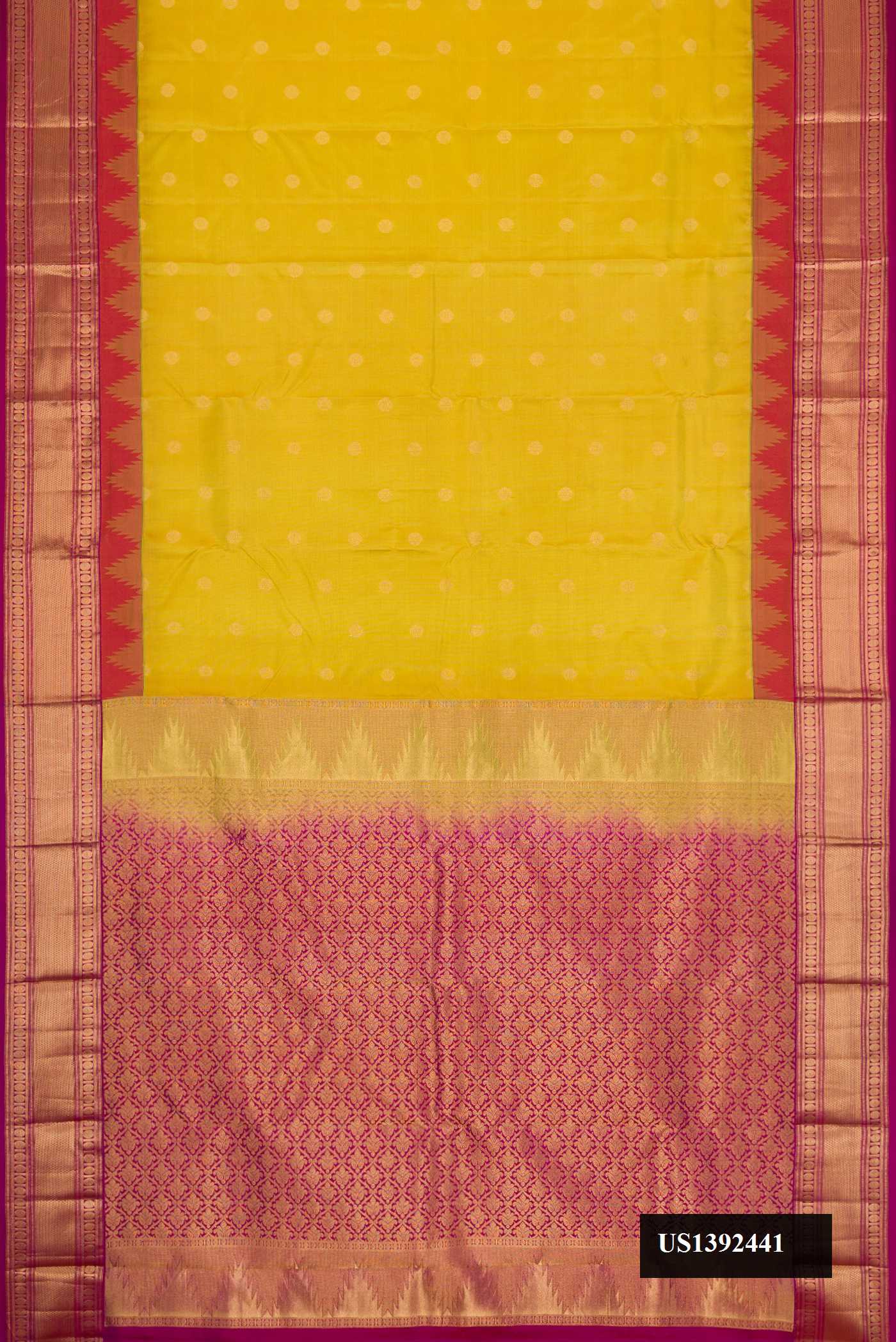 Mehandi Green Dual Tone Kanchipuram Silk Saree with Zari Butta on the body and Zari Border.  displayed on a mannequin