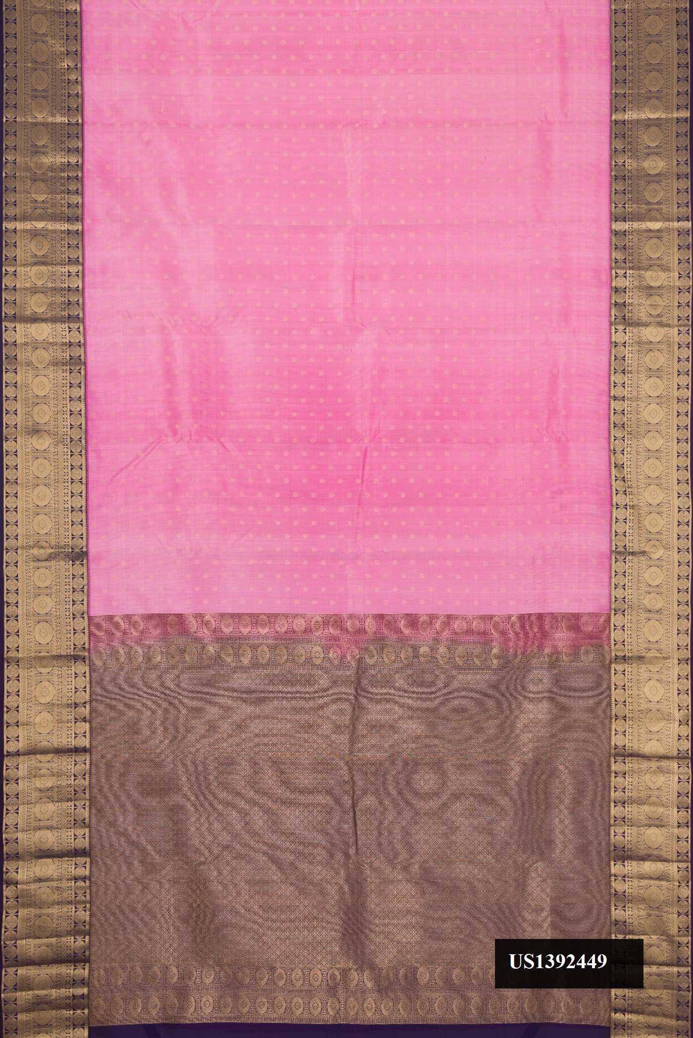 Pink Dual Tone Kanchipuram Silk Saree with Zari Butta on the body and Zari Border.  displayed on a mannequin
