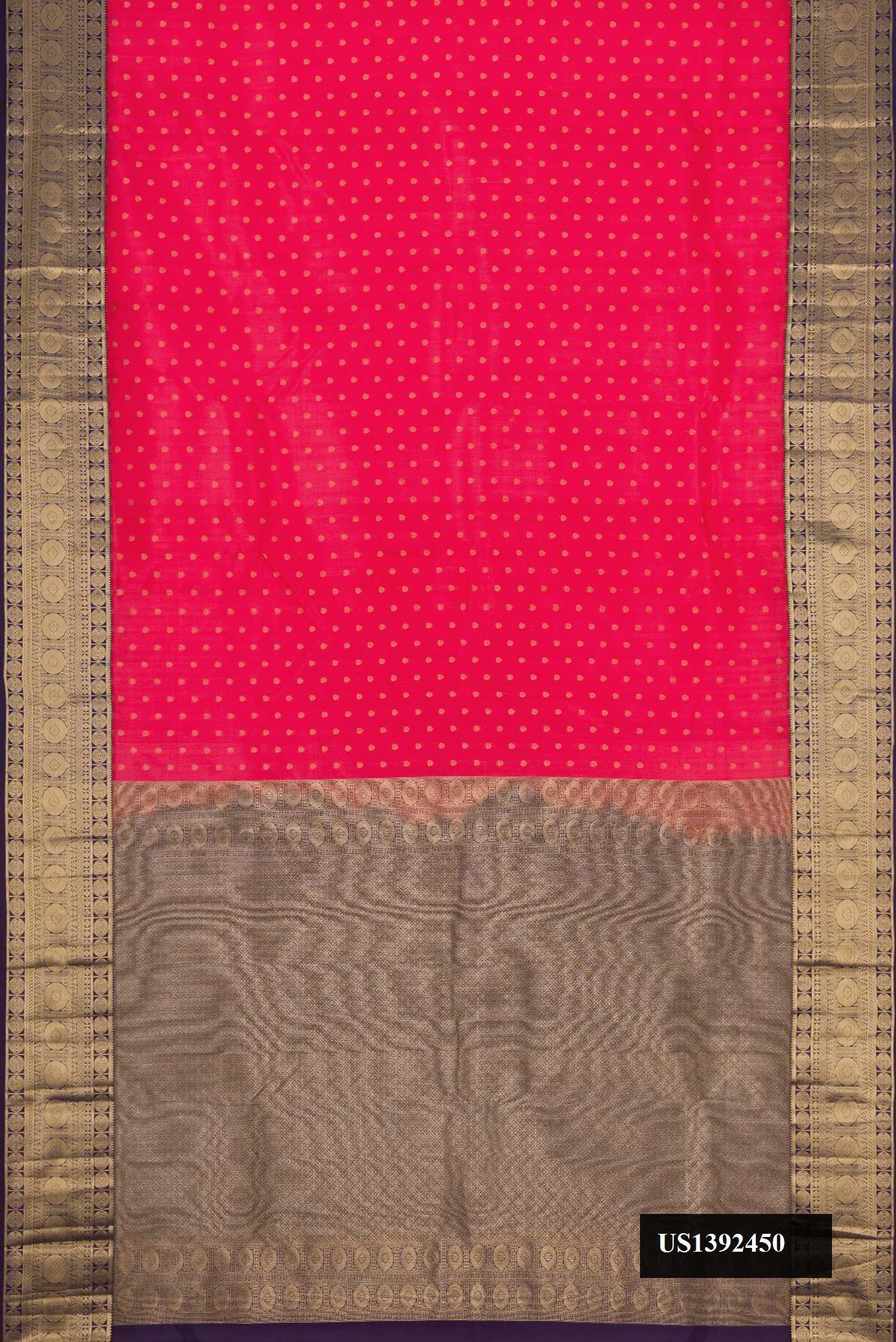Dark Pink Dual Tone Kanchipuram Silk Saree with Zari Butta on the body and Zari Border.  displayed on a mannequin
