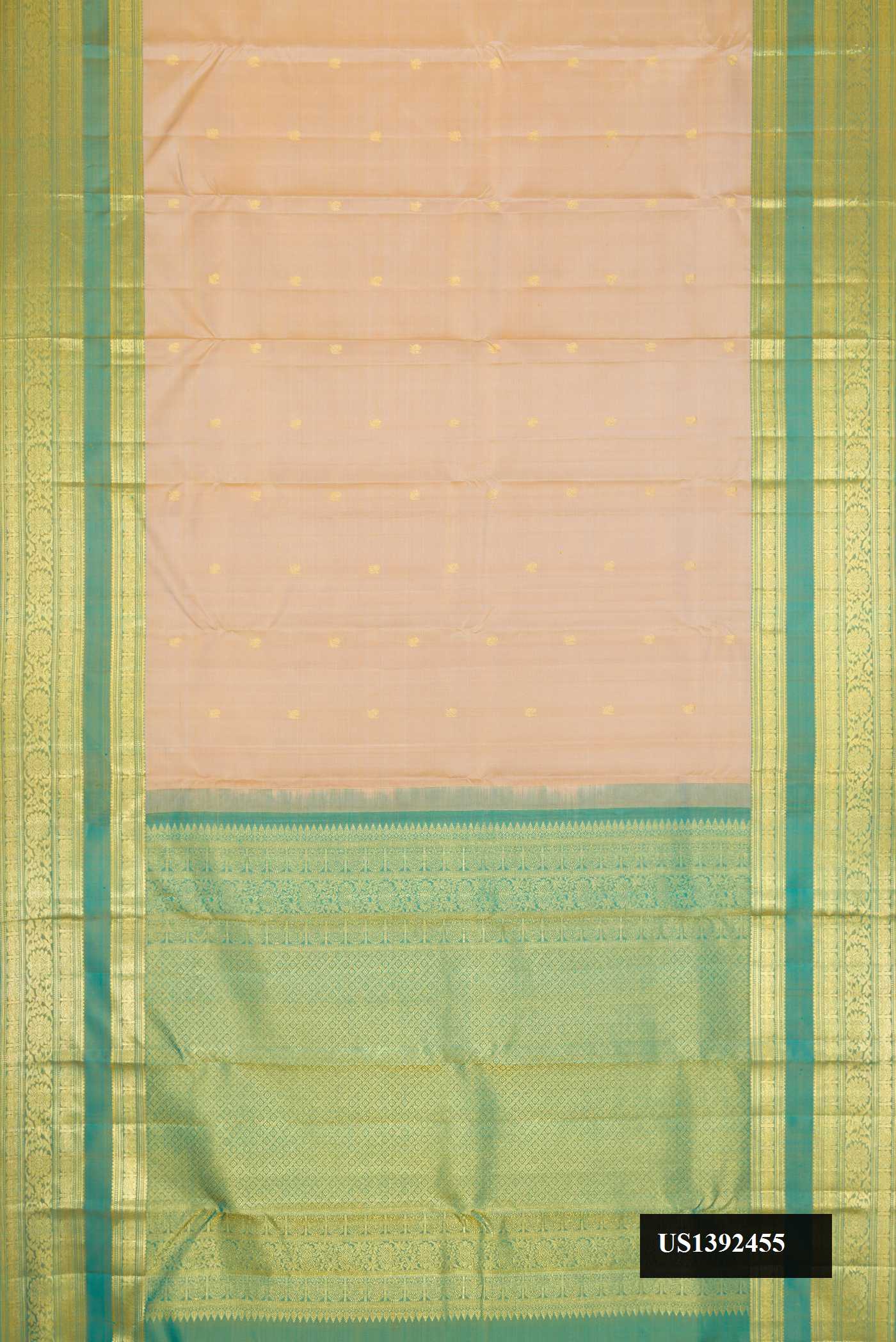 Dark Beige Dual Tone Kanchipuram Silk Saree with Zari Butta on the body and Zari Border.  displayed on a mannequin