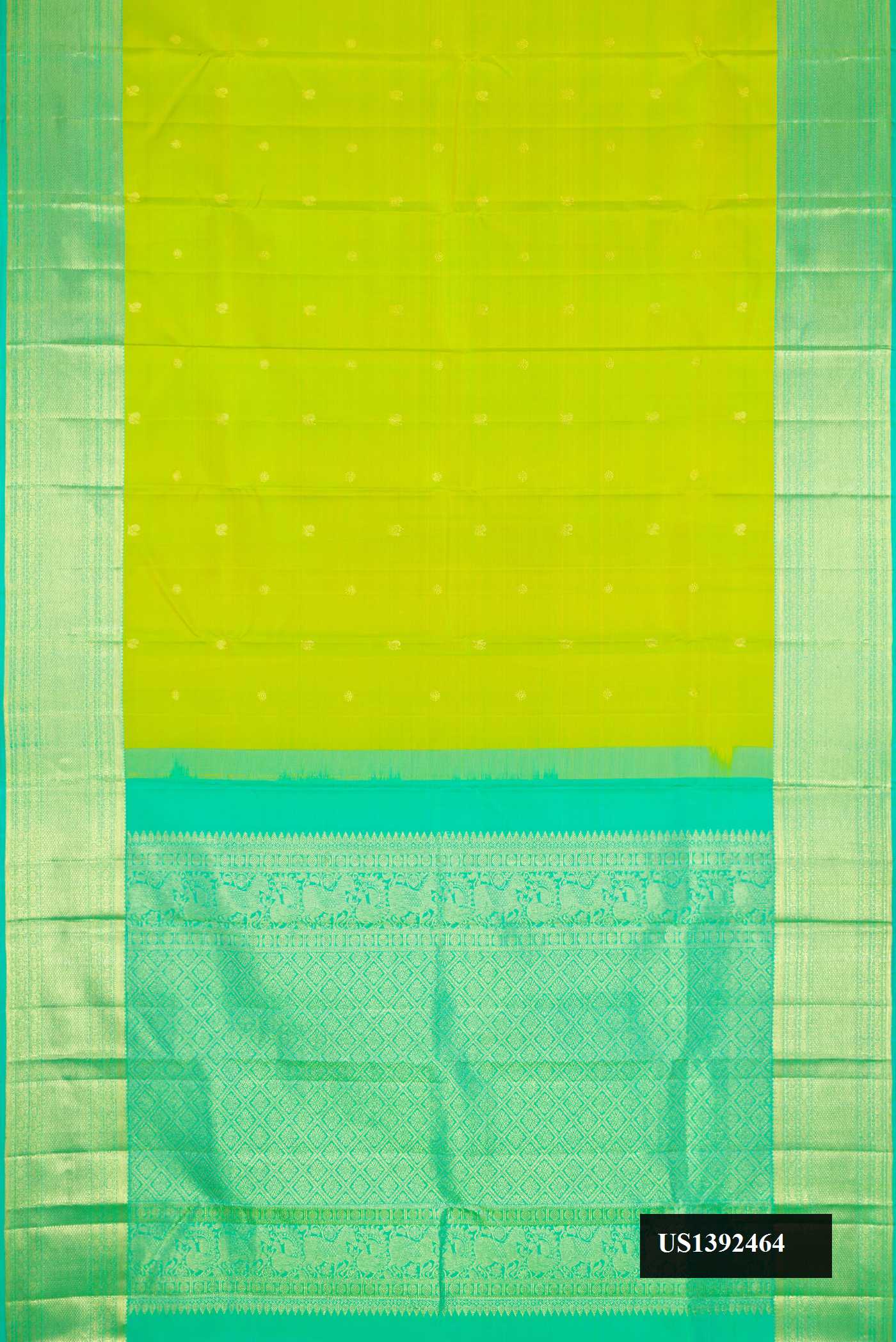 Parrot Green Dual Tone Kanchipuram Silk Saree with Zari Butta on the body and Zari Border.  displayed on a mannequin
