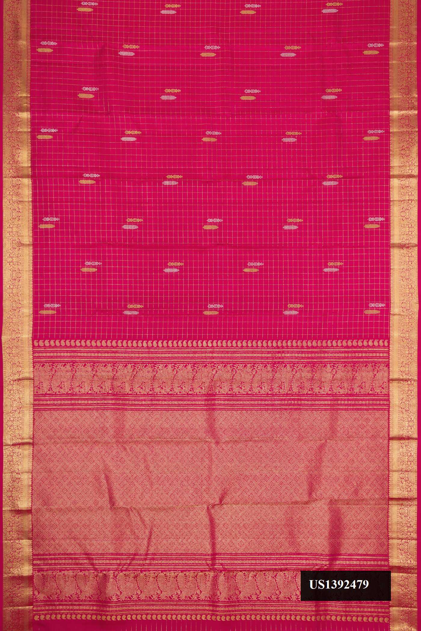 Dark Pink Dual Tone Kanchipuram Silk Saree with Zari Butta on the body and Zari Border.  displayed on a mannequin