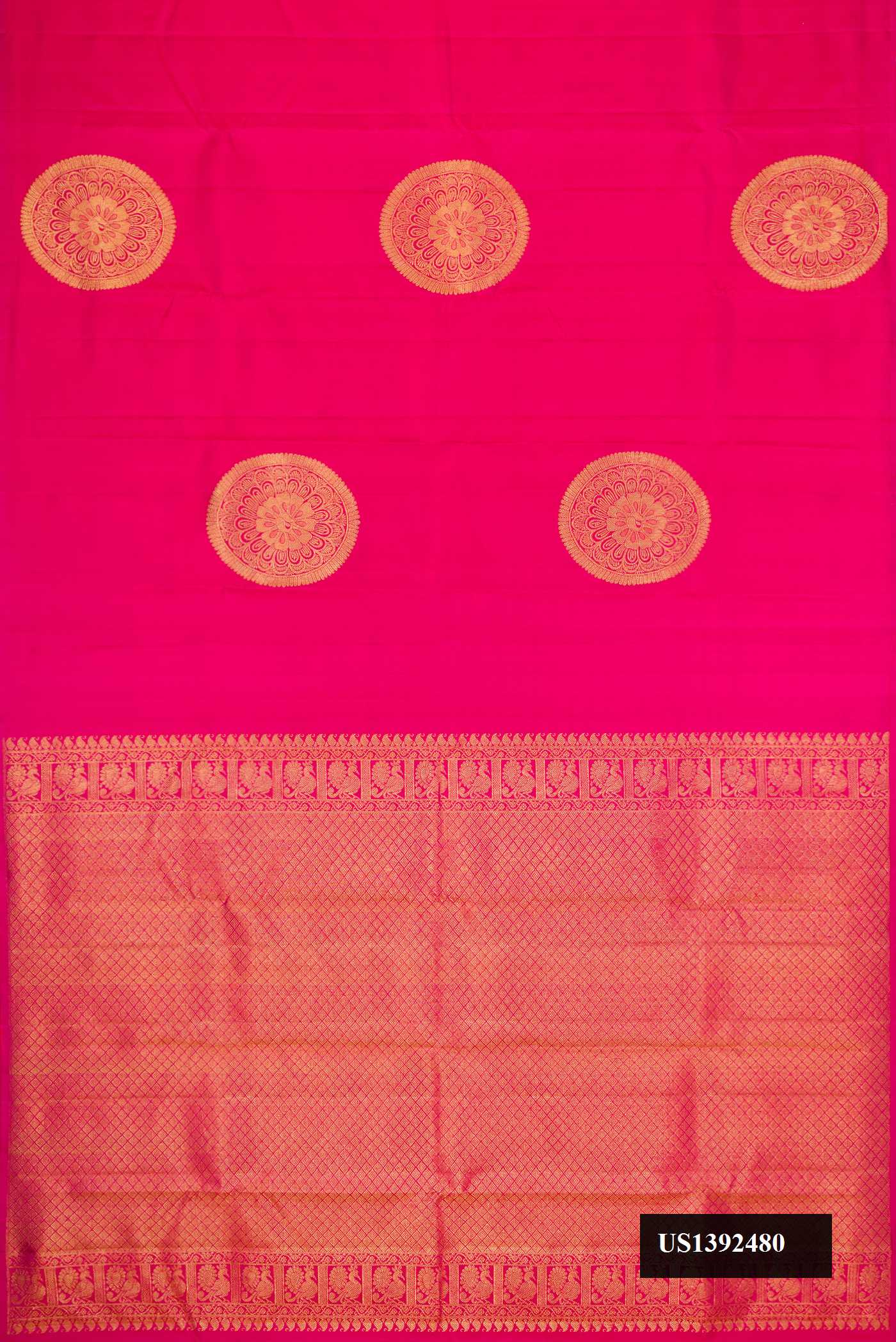 Dark Pink Dual Tone Kanchipuram Silk Saree with Zari Butta on the body and Without Border.  displayed on a mannequin