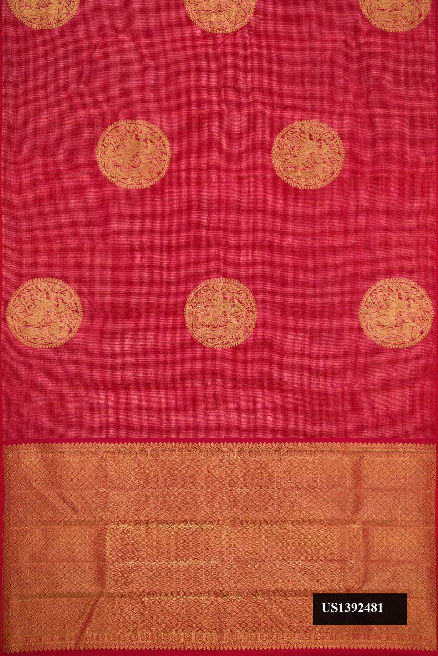 Dark Pink Dual Tone Kanchipuram Silk Saree with Zari Butta on the body and Without Border.  displayed on a mannequin