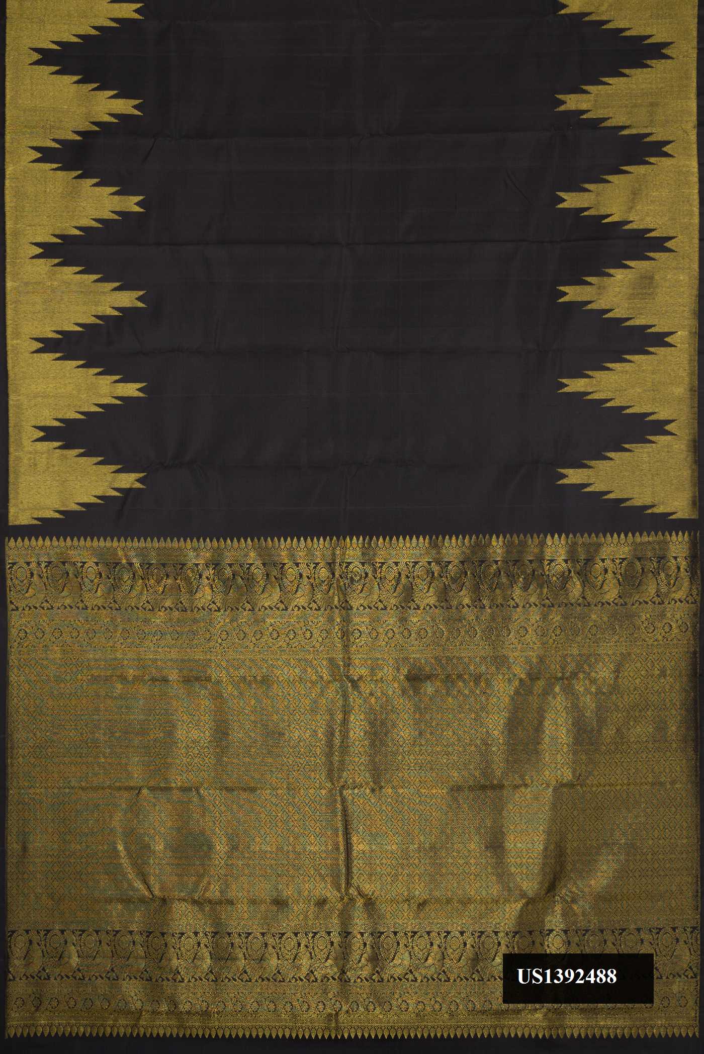 Black Dual Tone Kanchipuram Silk Saree with Plain Body and Temple Border.  displayed on a mannequin