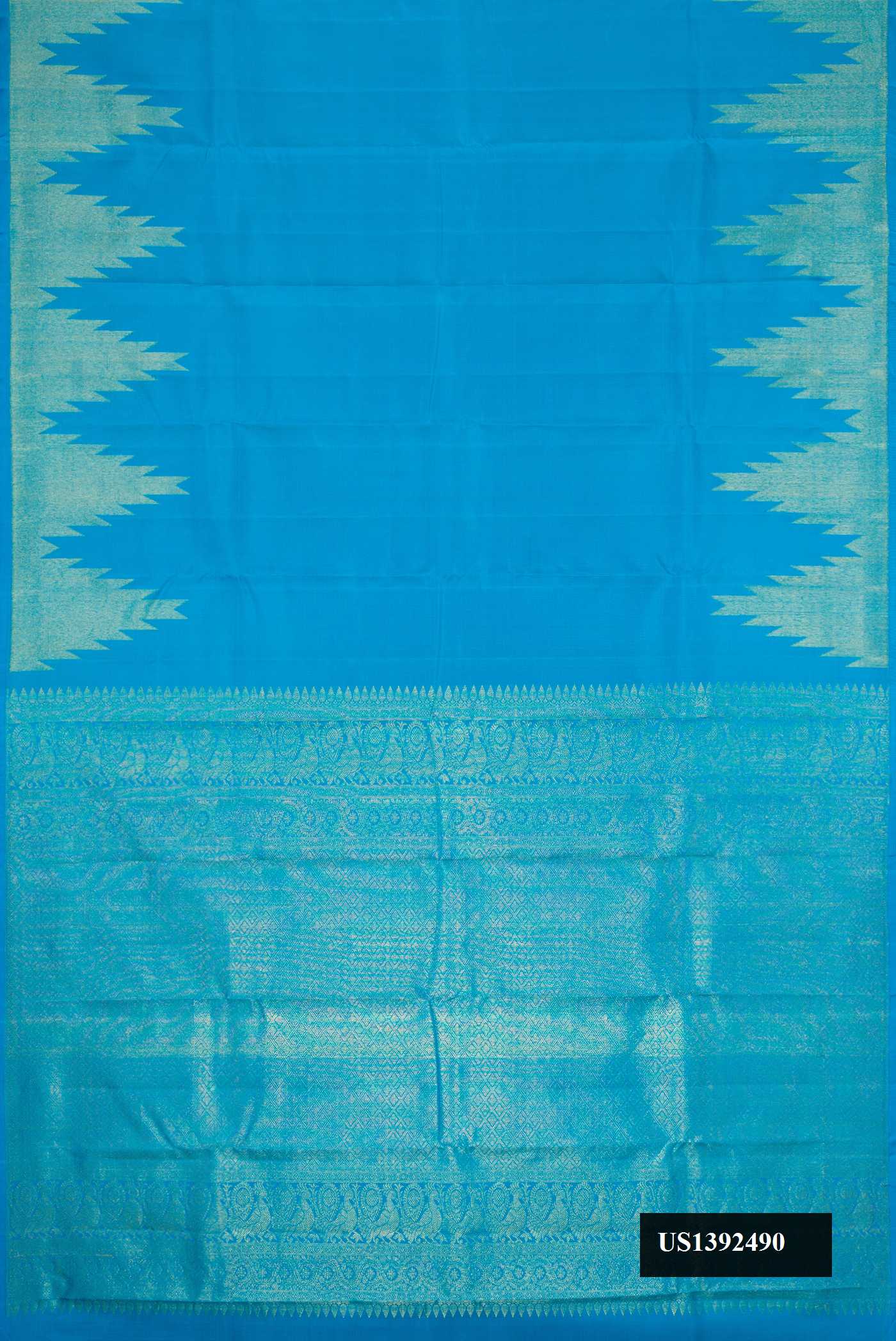 Sky Blue Dual Tone Kanchipuram Silk Saree with Plain Body and Temple Border.  displayed on a mannequin