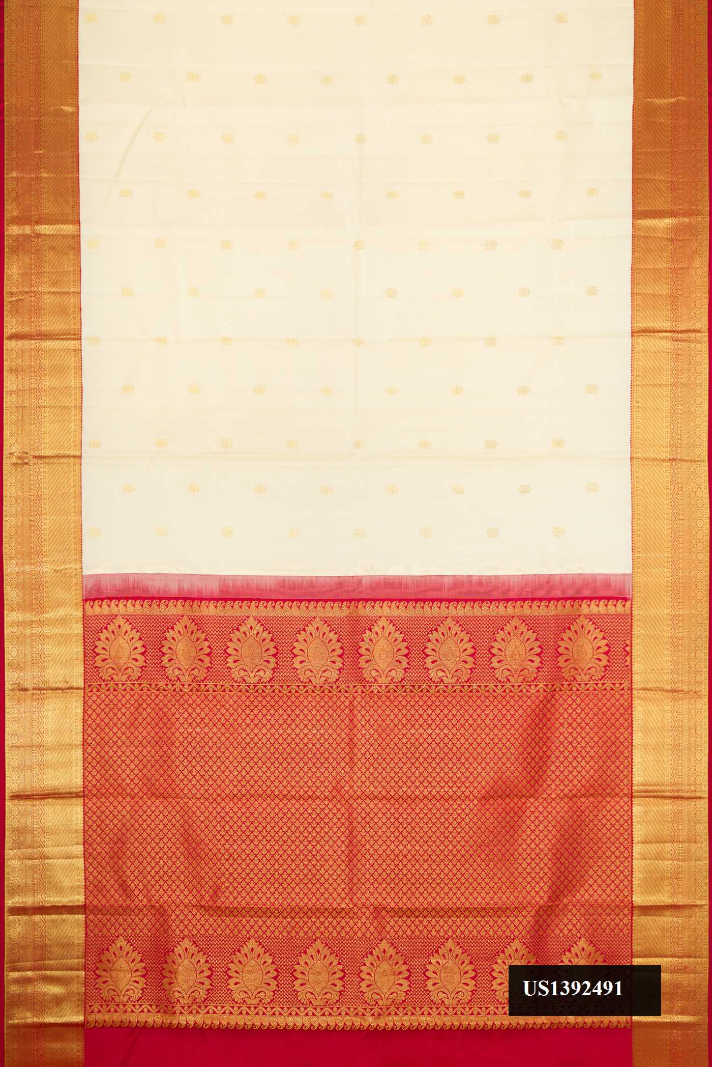 Sandal Dual Tone Kanchipuram Silk Saree with Zari Butta on the body and Zari Border.  displayed on a mannequin