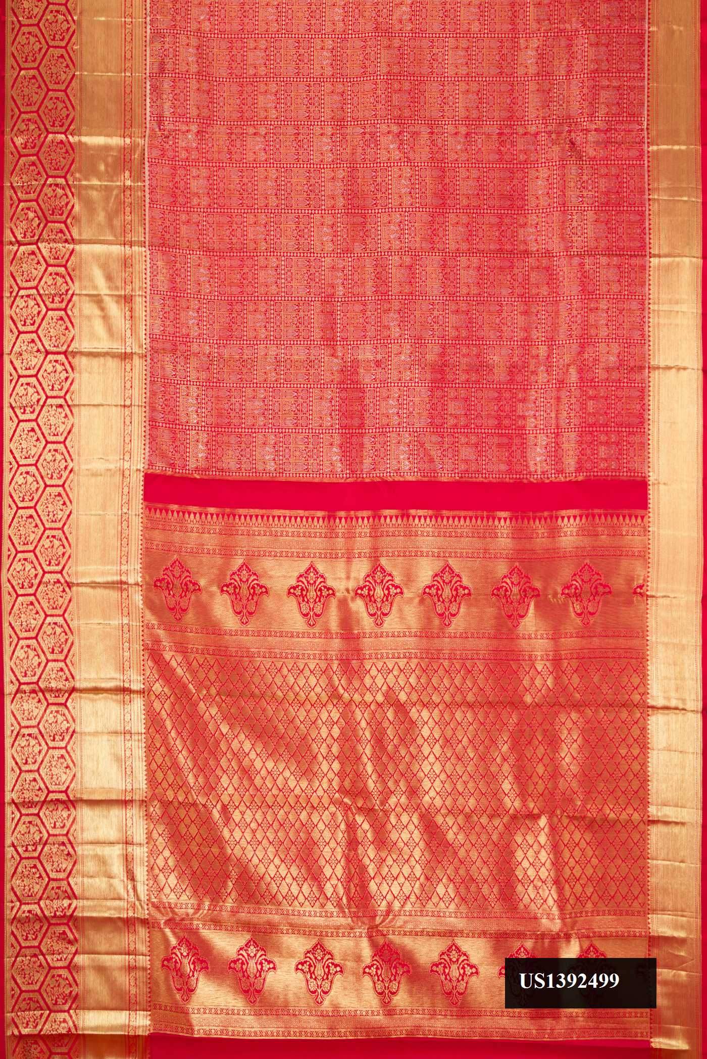 Red Dual Tone Kanchipuram Silk Saree with Zari Brocade on the body and Zari Border.  displayed on a mannequin