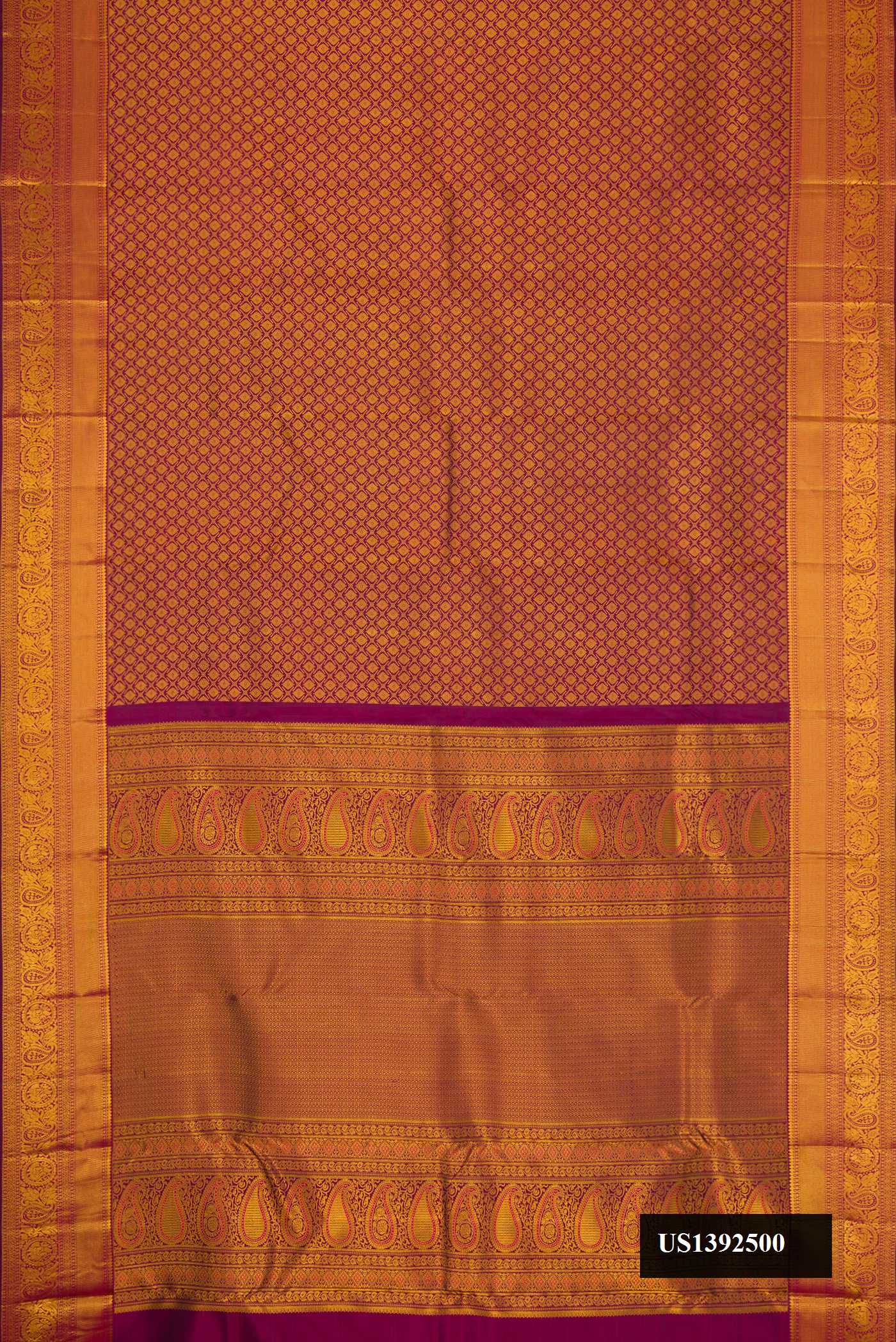 Magenta Dual Tone Kanchipuram Silk Saree with Zari Brocade on the body and Zari Border.  displayed on a mannequin