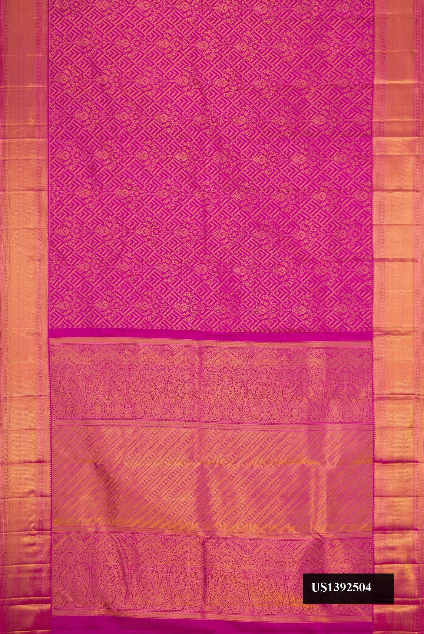 Purple Dual Tone Kanchipuram Silk Saree with Zari Brocade on the body and Zari Border.  displayed on a mannequin