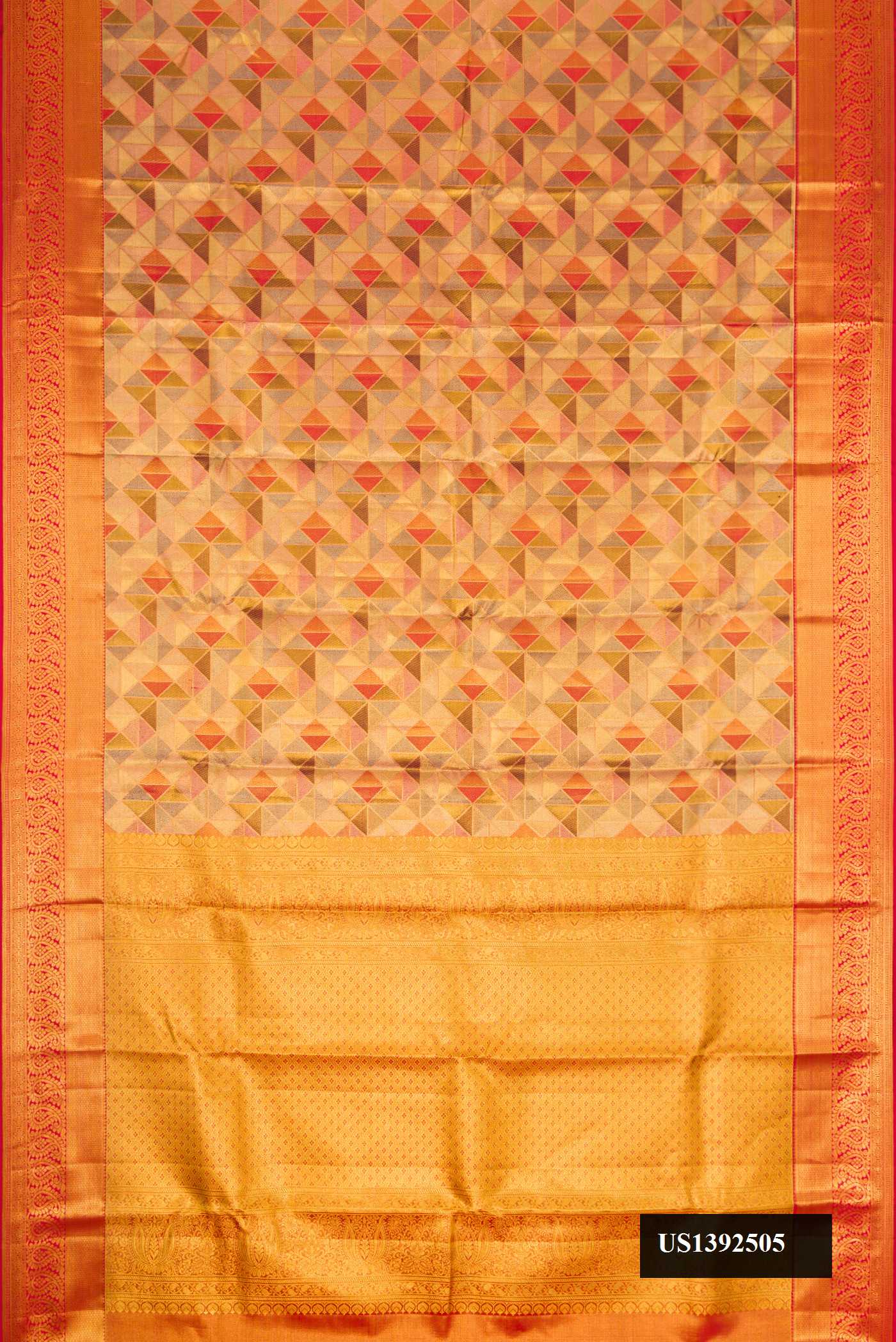 Gold Dual Tone Kanchipuram Tissue Silk Saree with Zari Brocade on the body and Zari Border.  displayed on a mannequin