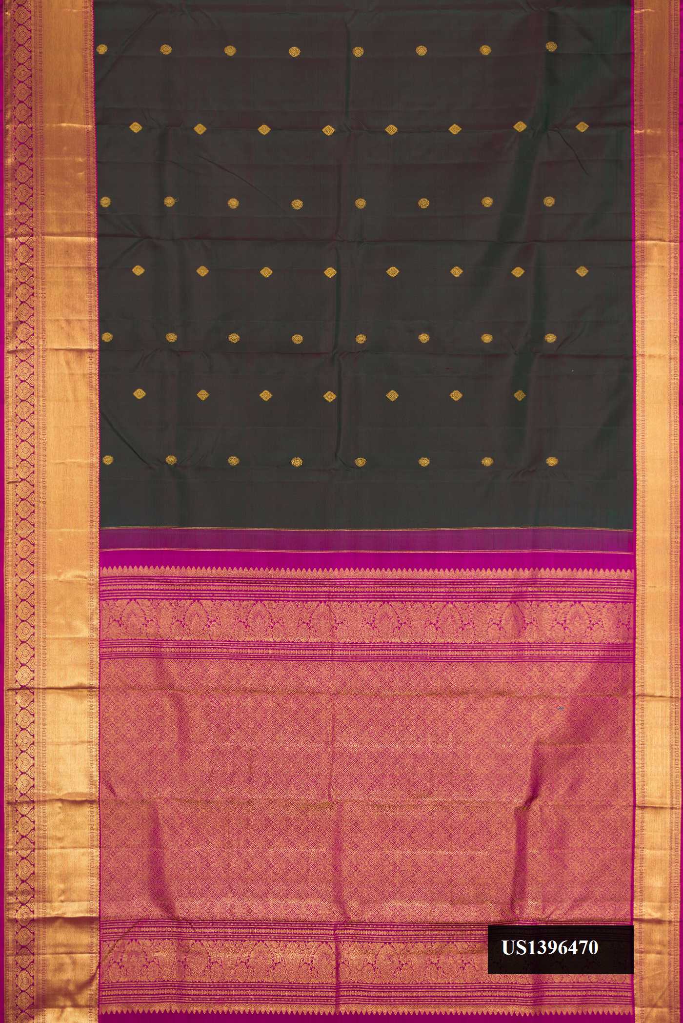 Bottle Green Dual Tone Kanchipuram Silk Saree with Zari Butta on the body and Zari Border.  displayed on a mannequin