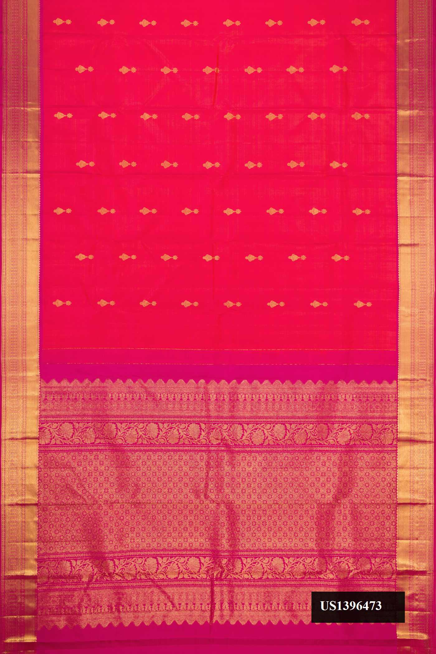 Orange Dual Tone Kanchipuram Silk Saree with Zari Butta on the body and Zari Border.  displayed on a mannequin