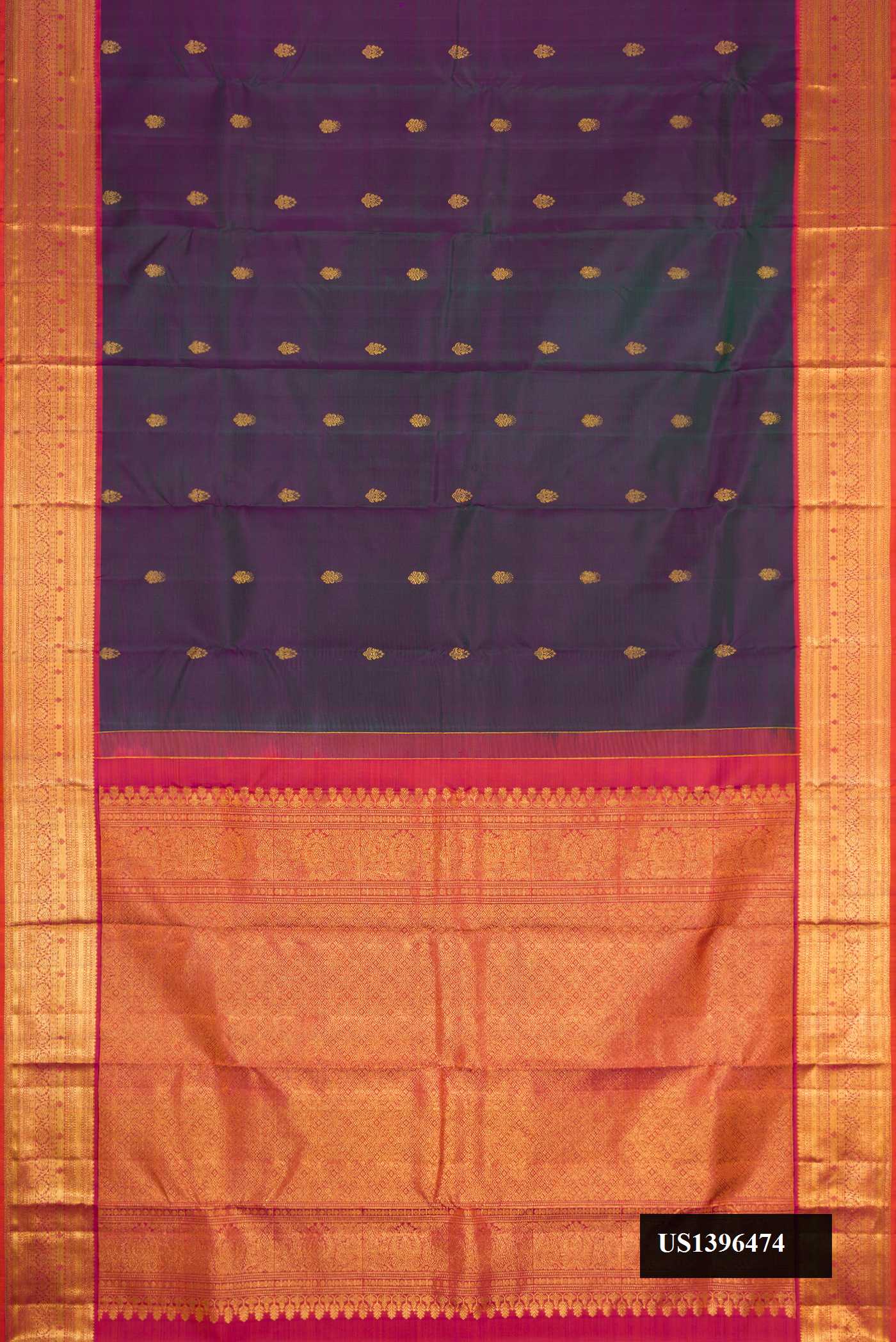 Violet Dual Tone Kanchipuram Silk Saree with Zari Butta on the body and Zari Border.  displayed on a mannequin