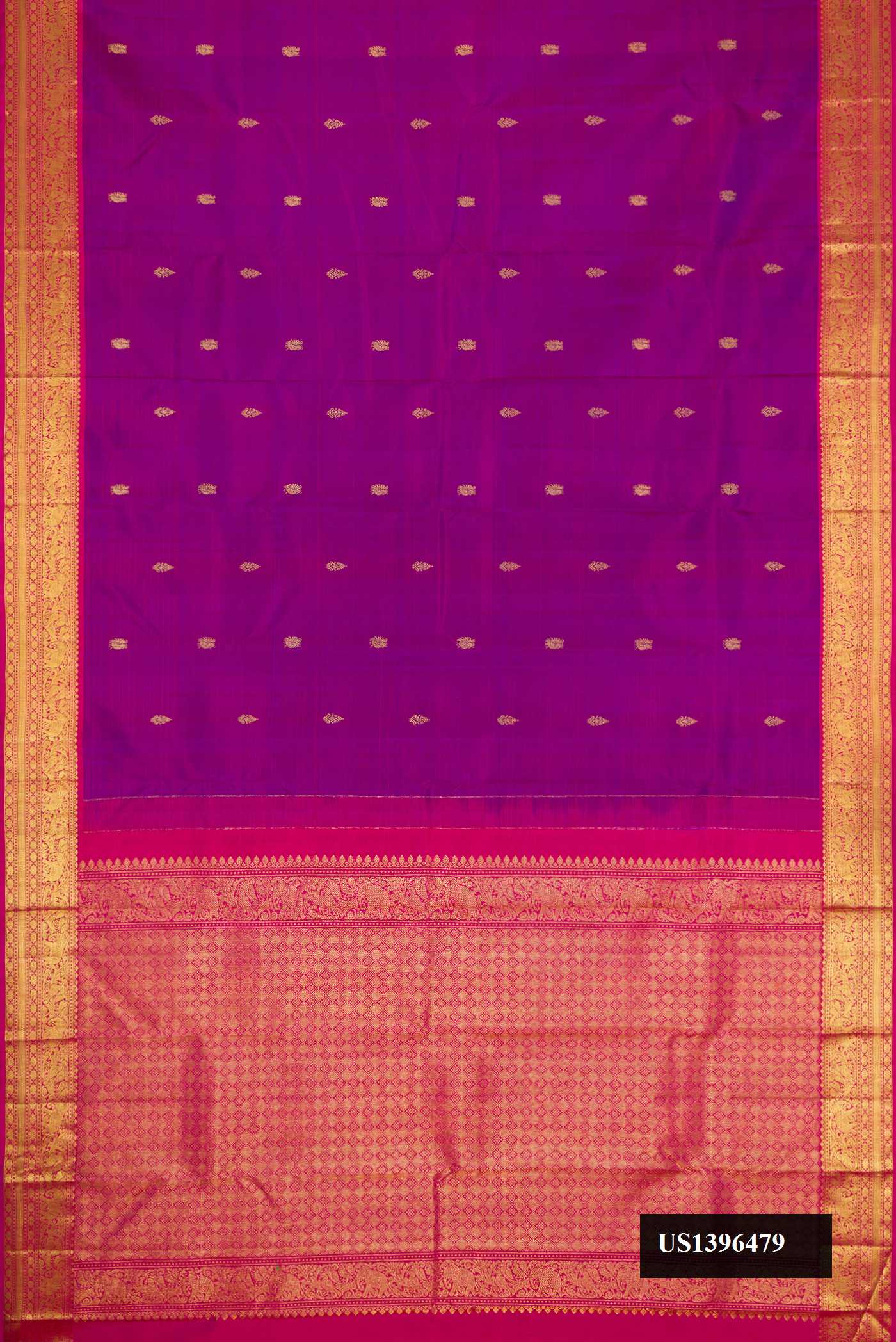 Purple Dual Tone Kanchipuram Silk Saree with Zari Butta on the body and Zari Border.  displayed on a mannequin