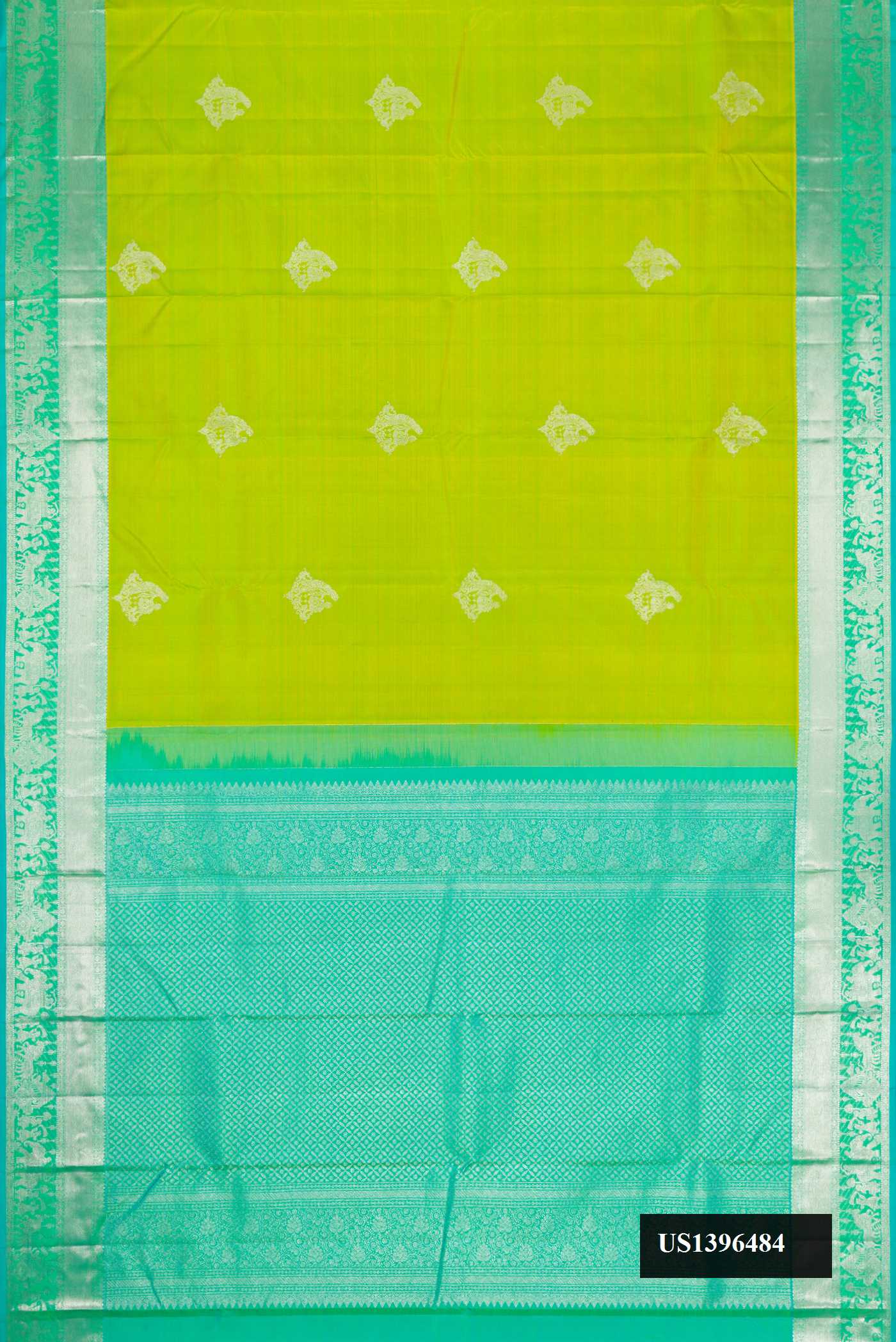 Parrot Green Dual Tone Kanchipuram Silk Saree with Zari Butta on the body and Zari Border.  displayed on a mannequin