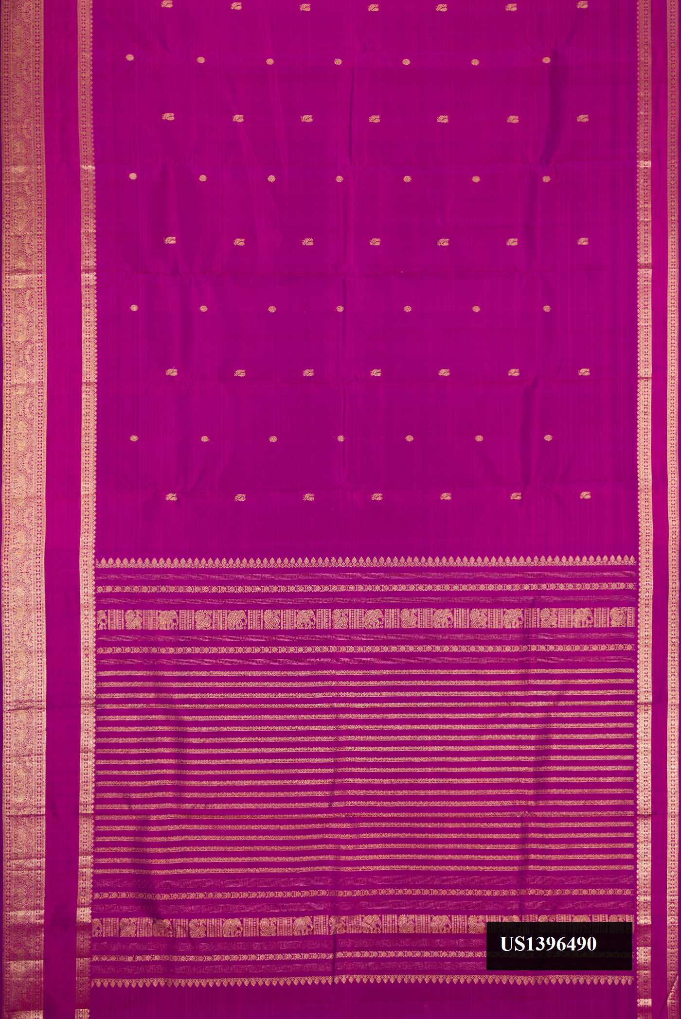 Purple Dual Tone Kanchipuram Silk Saree with Zari Butta on the body and Zari Border.  displayed on a mannequin