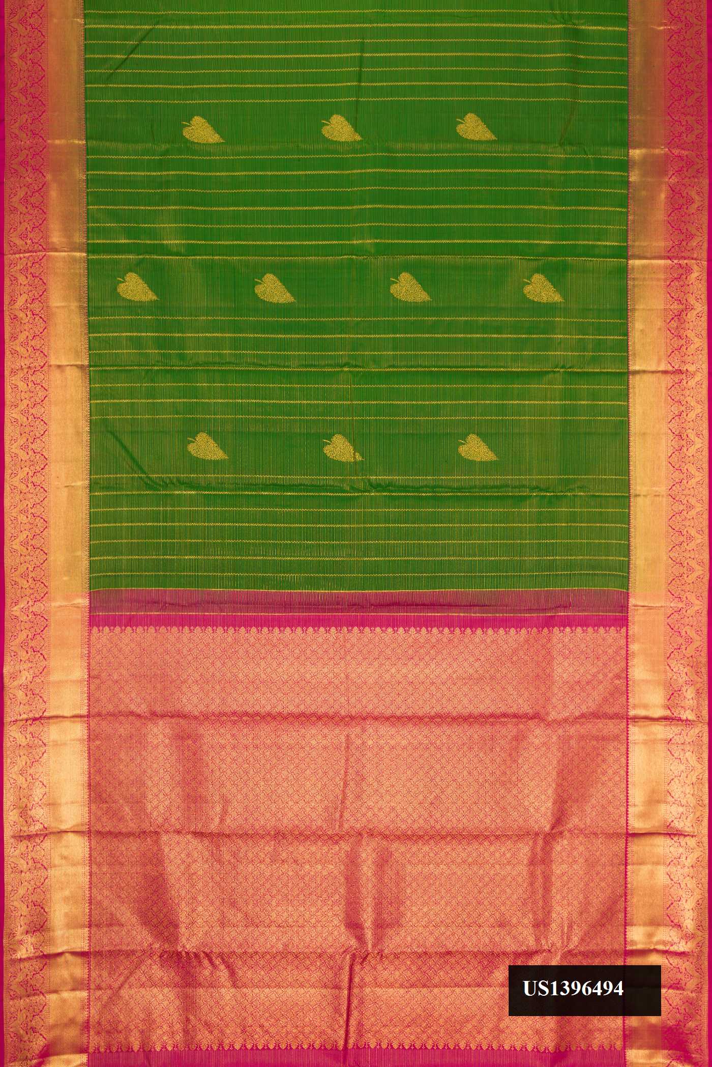 Green Dual Tone Kanchipuram Silk Saree with Stripes on the body and Zari Border.  displayed on a mannequin