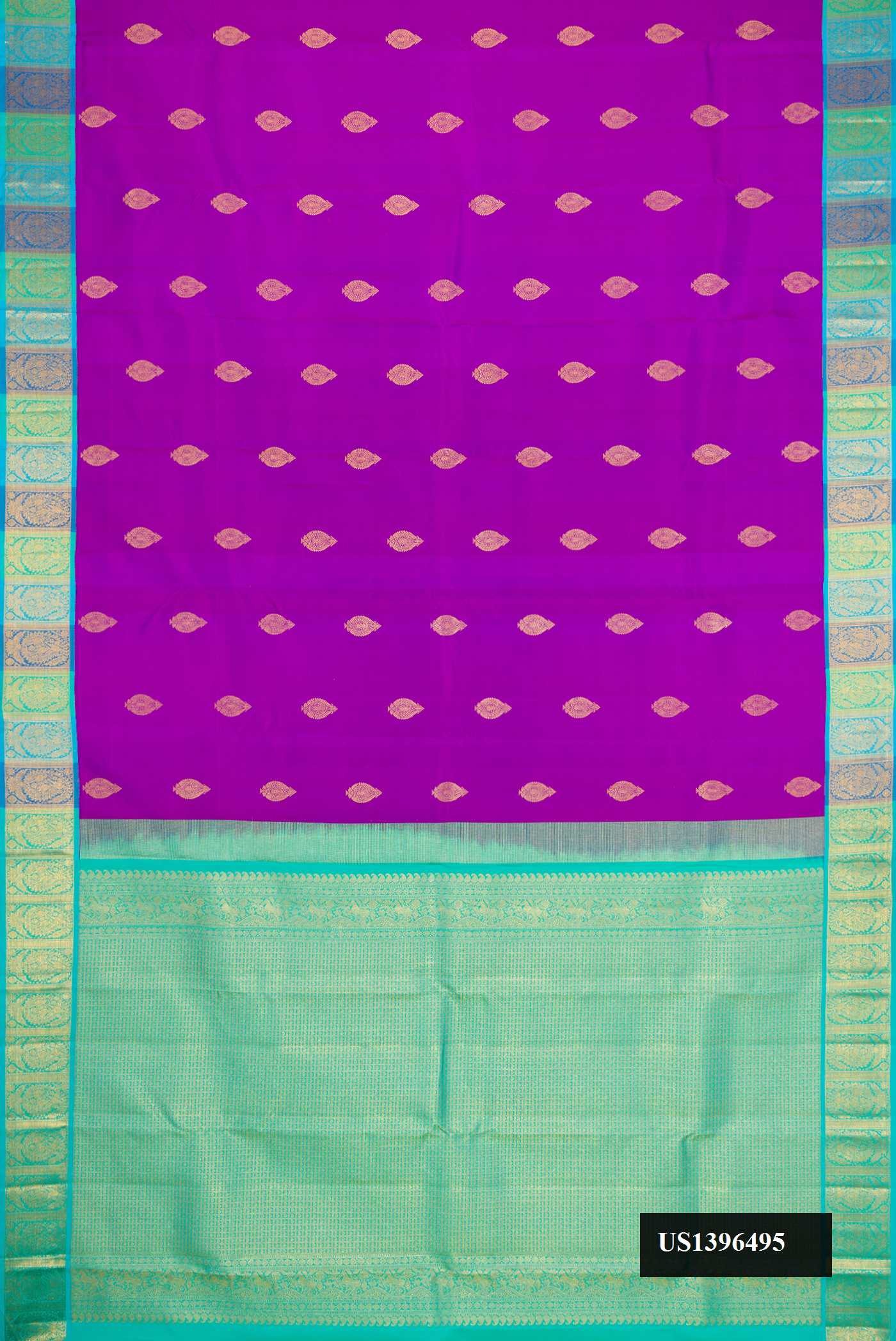 Purple Dual Tone Kanchipuram Silk Saree with Zari Butta on the body and Zari Border.  displayed on a mannequin