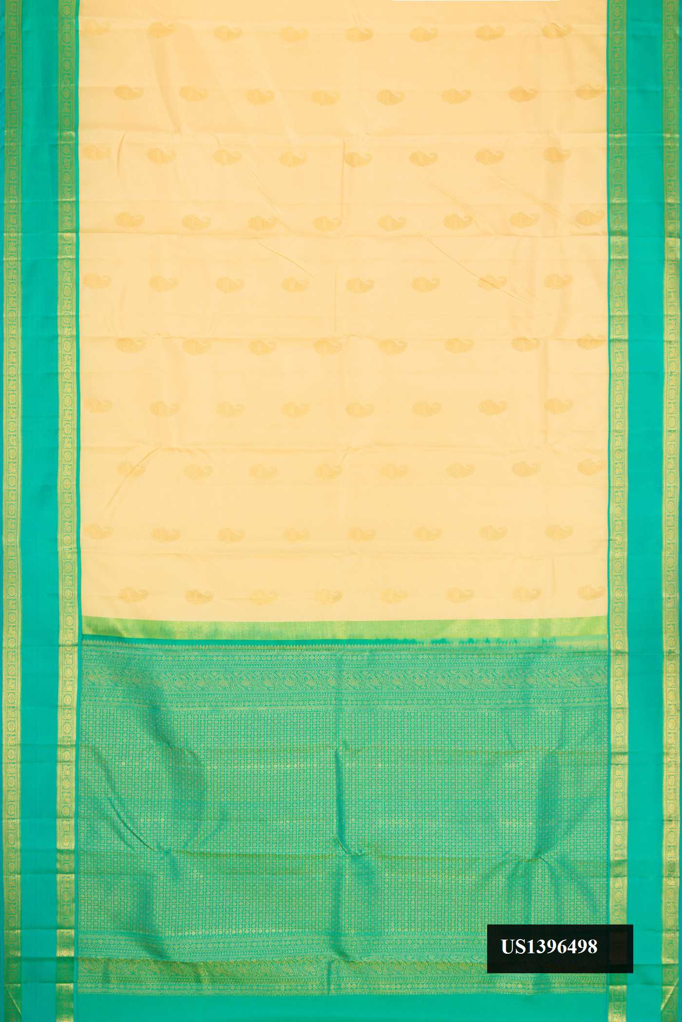 Sandal Dual Tone Kanchipuram Silk Saree with Zari Butta on the body and Zari Border.  displayed on a mannequin
