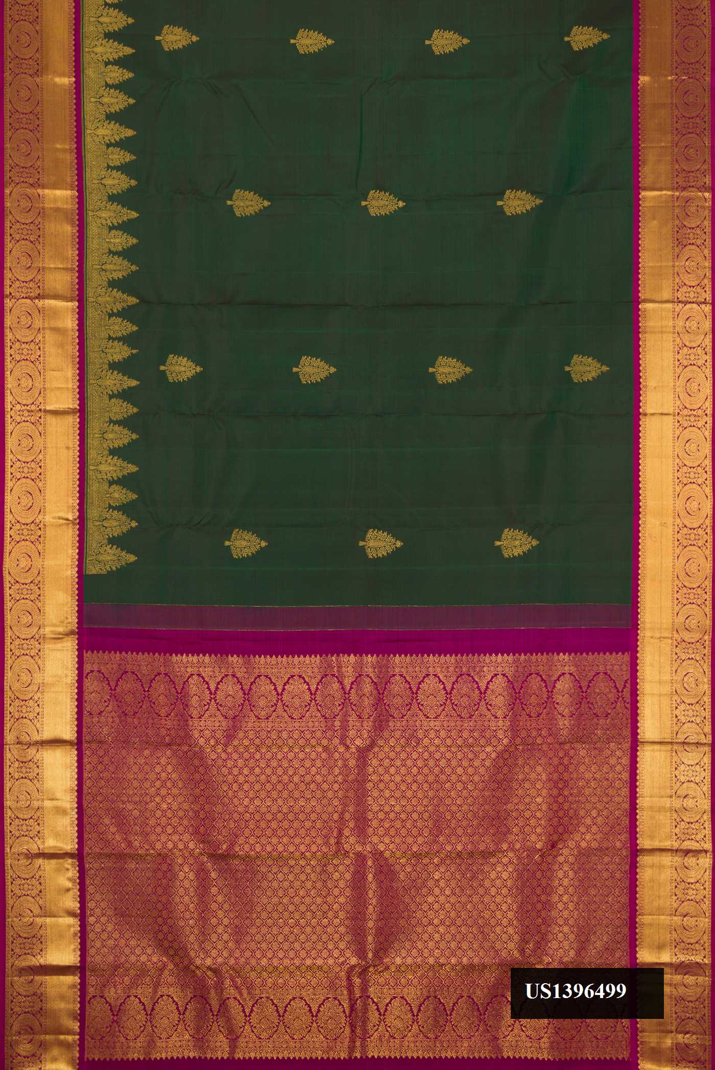 Bottle Green Dual Tone Kanchipuram Silk Saree with Zari Butta on the body and Zari Border.  displayed on a mannequin