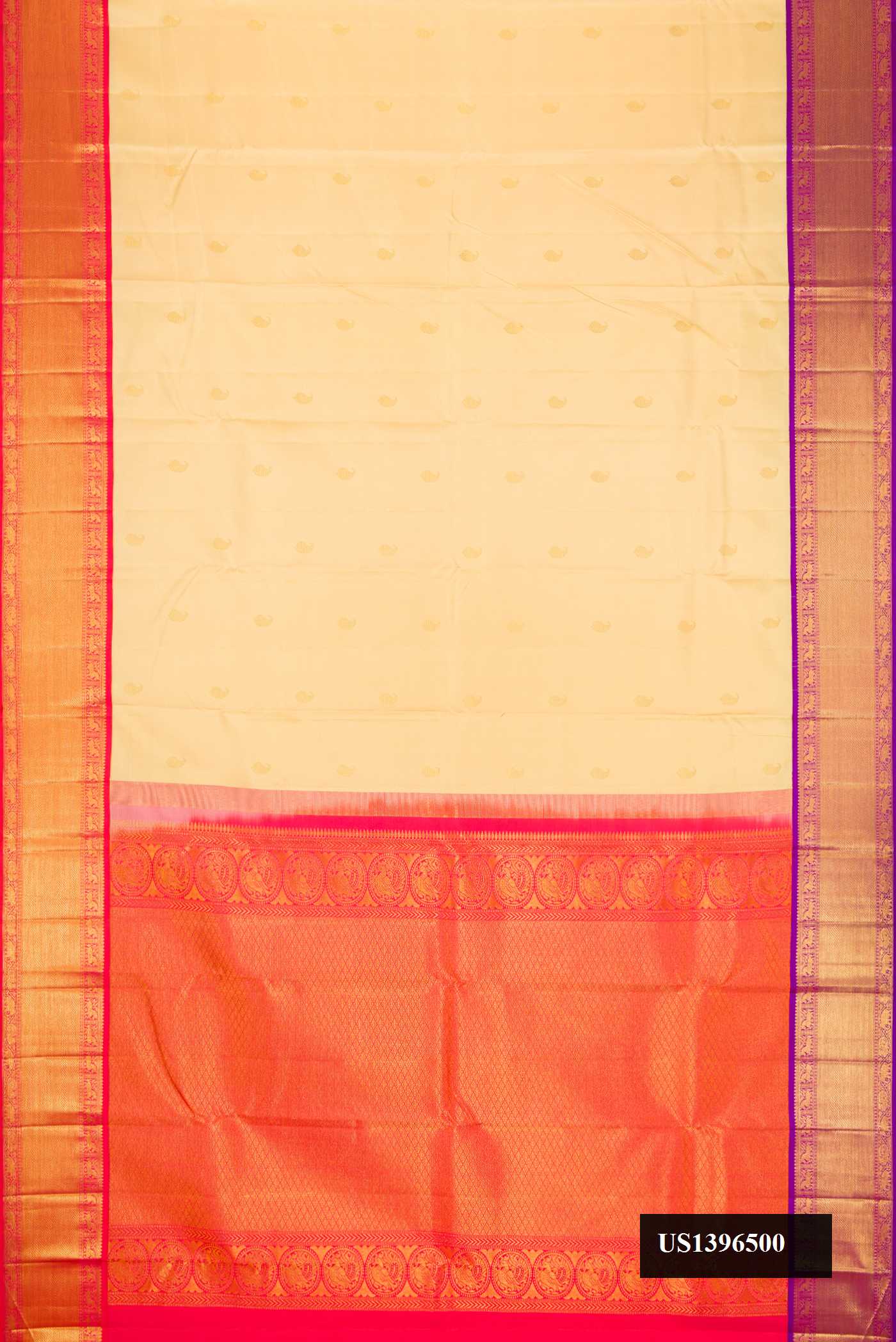 Sandal Dual Tone Kanchipuram Silk Saree with Zari Butta on the body and Ganga Jamuna Border.  displayed on a mannequin