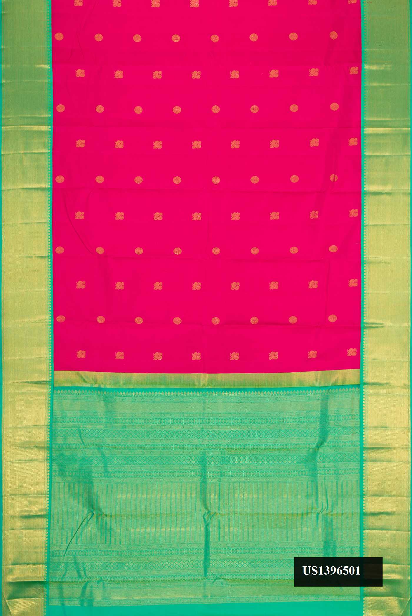 Dark Pink Dual Tone Kanchipuram Silk Saree with Zari Butta on the body and Zari Border.  displayed on a mannequin