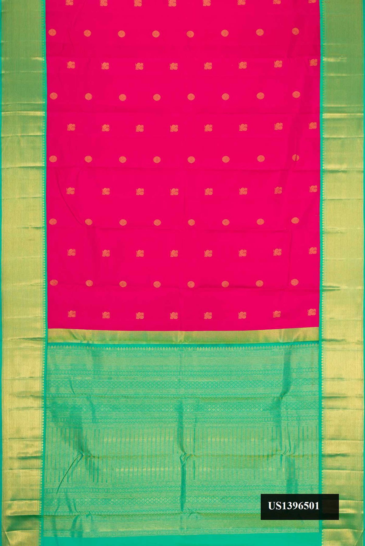 Dark Pink Dual Tone Kanchipuram Silk Saree with Zari Butta on the body and Zari Border.  displayed on a mannequin