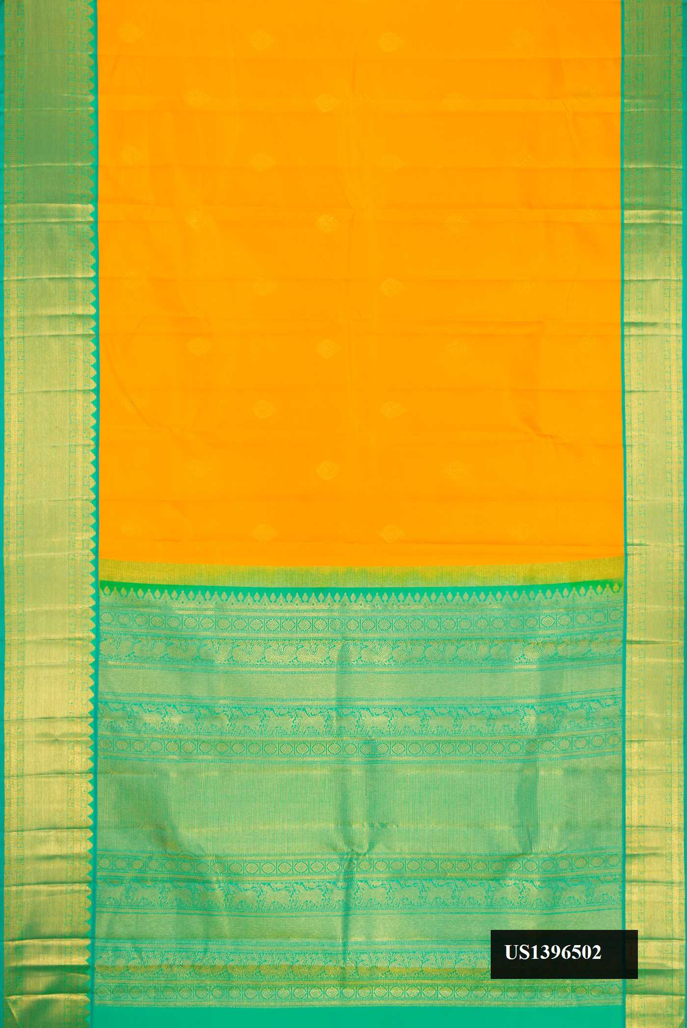 Mustard Dual Tone Kanchipuram Silk Saree with Zari Butta on the body and Zari Border.  displayed on a mannequin