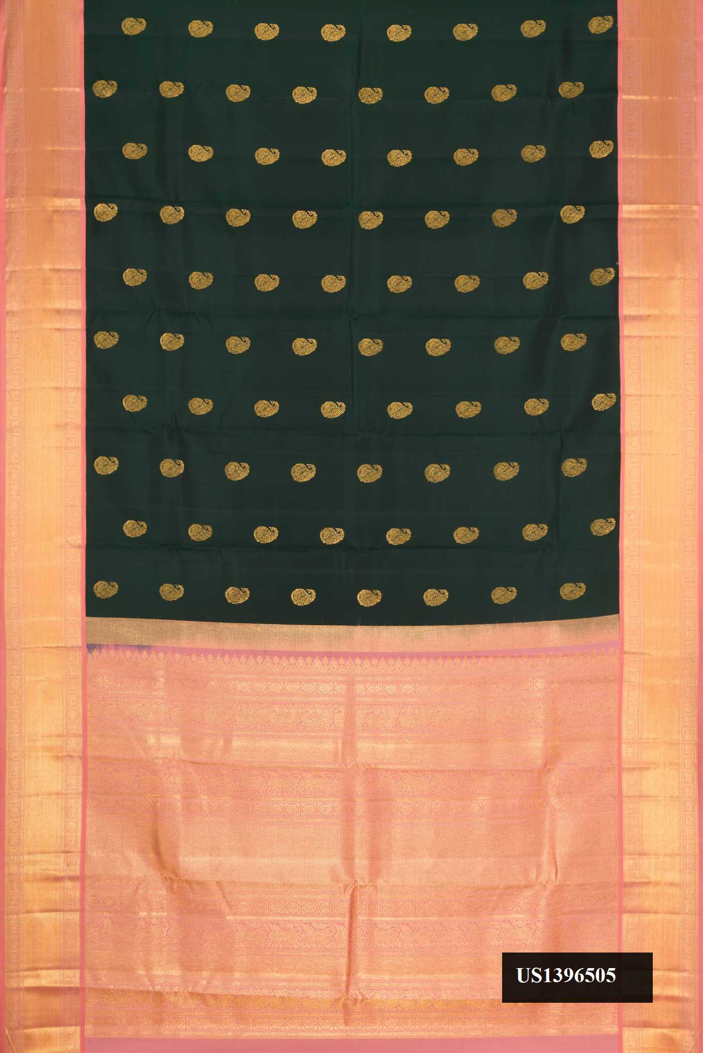 Bottle Green Dual Tone Kanchipuram Silk Saree with Zari Butta on the body and Zari Border.  displayed on a mannequin