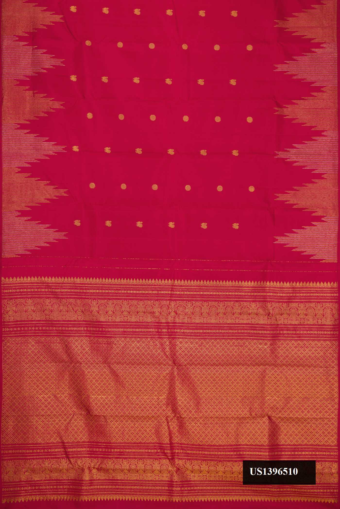 Dark Pink Dual Tone Kanchipuram Silk Saree with Zari Butta on the body and Temple Border.  displayed on a mannequin