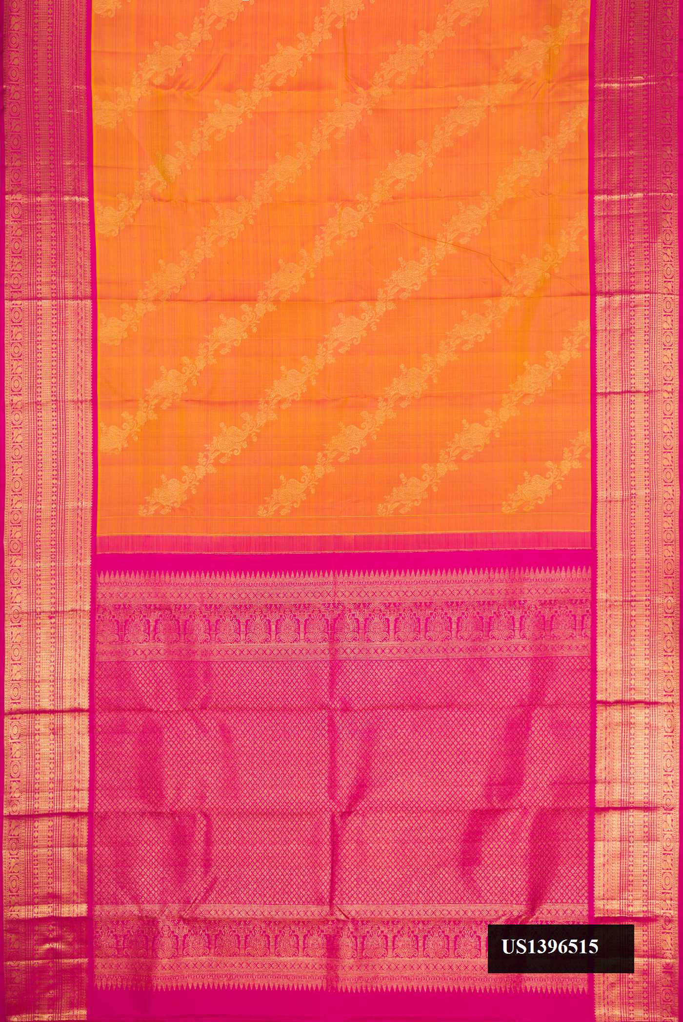 Mustard Dual Tone Kanchipuram Silk Saree with Zari Butta on the body and Zari Border.  displayed on a mannequin