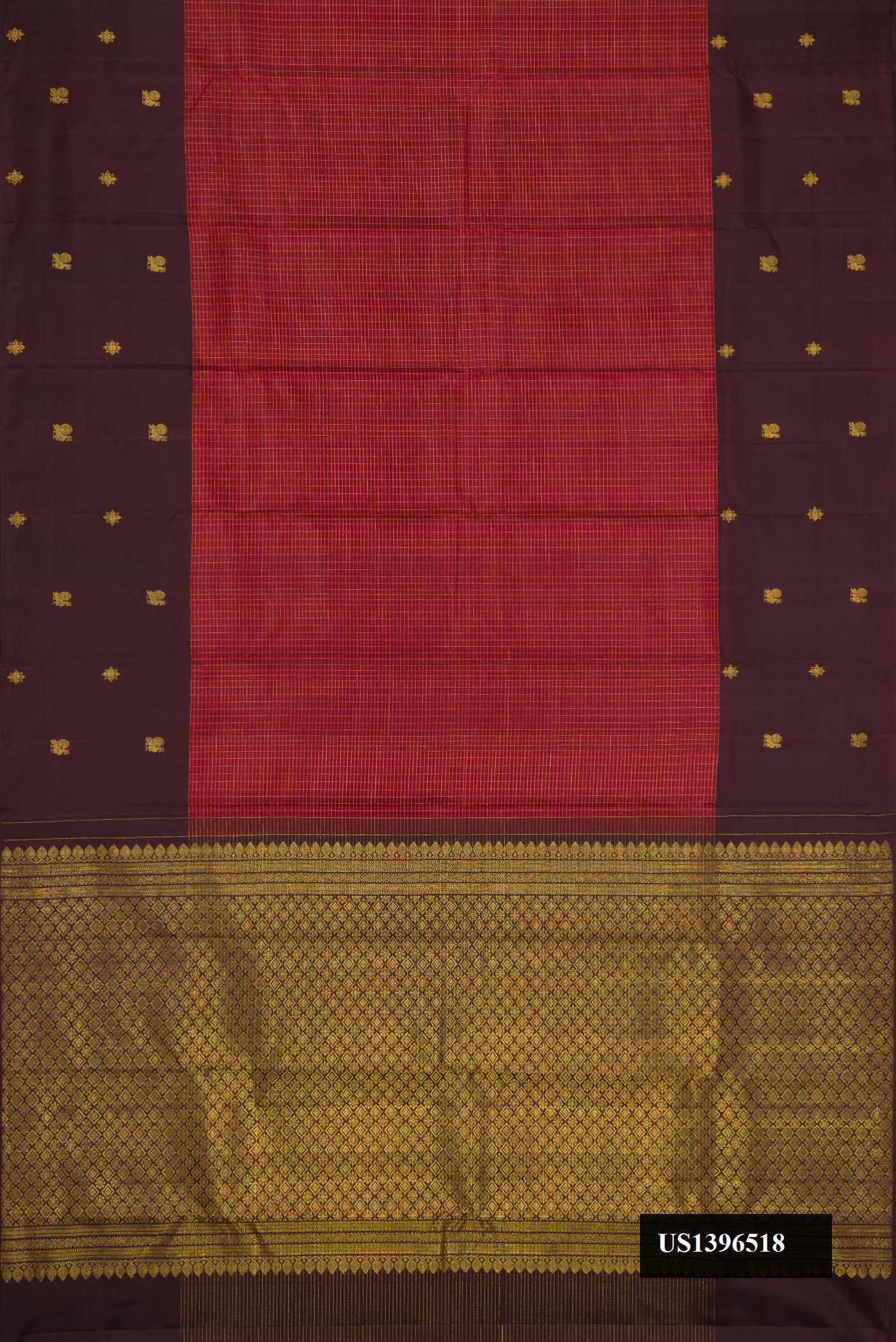Brown Dual Tone Kanchipuram Silk Saree with Checked design on the body and Zari Border.  displayed on a mannequin