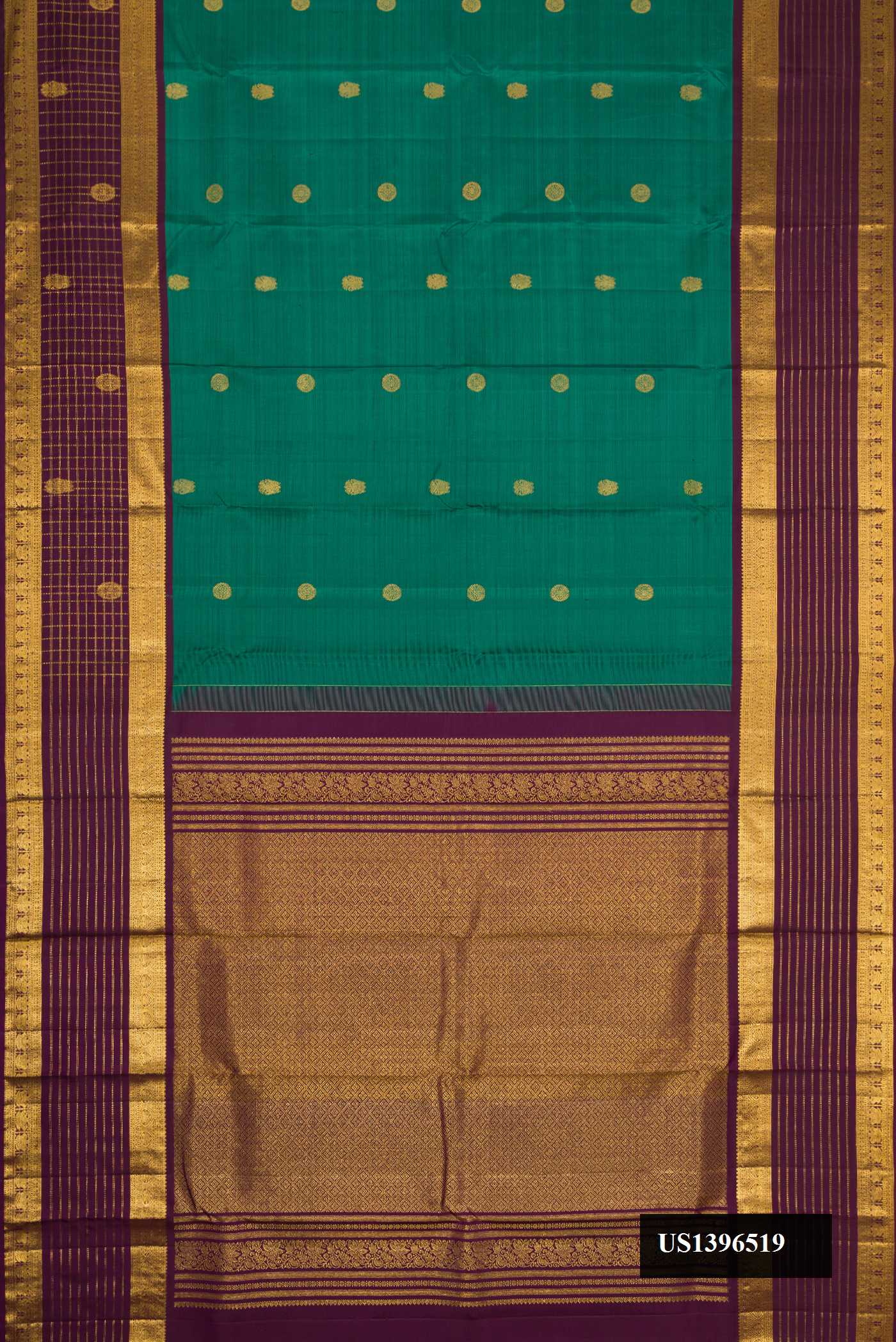 Green Dual Tone Kanchipuram Silk Saree with Zari Butta on the body and Zari Border.  displayed on a mannequin