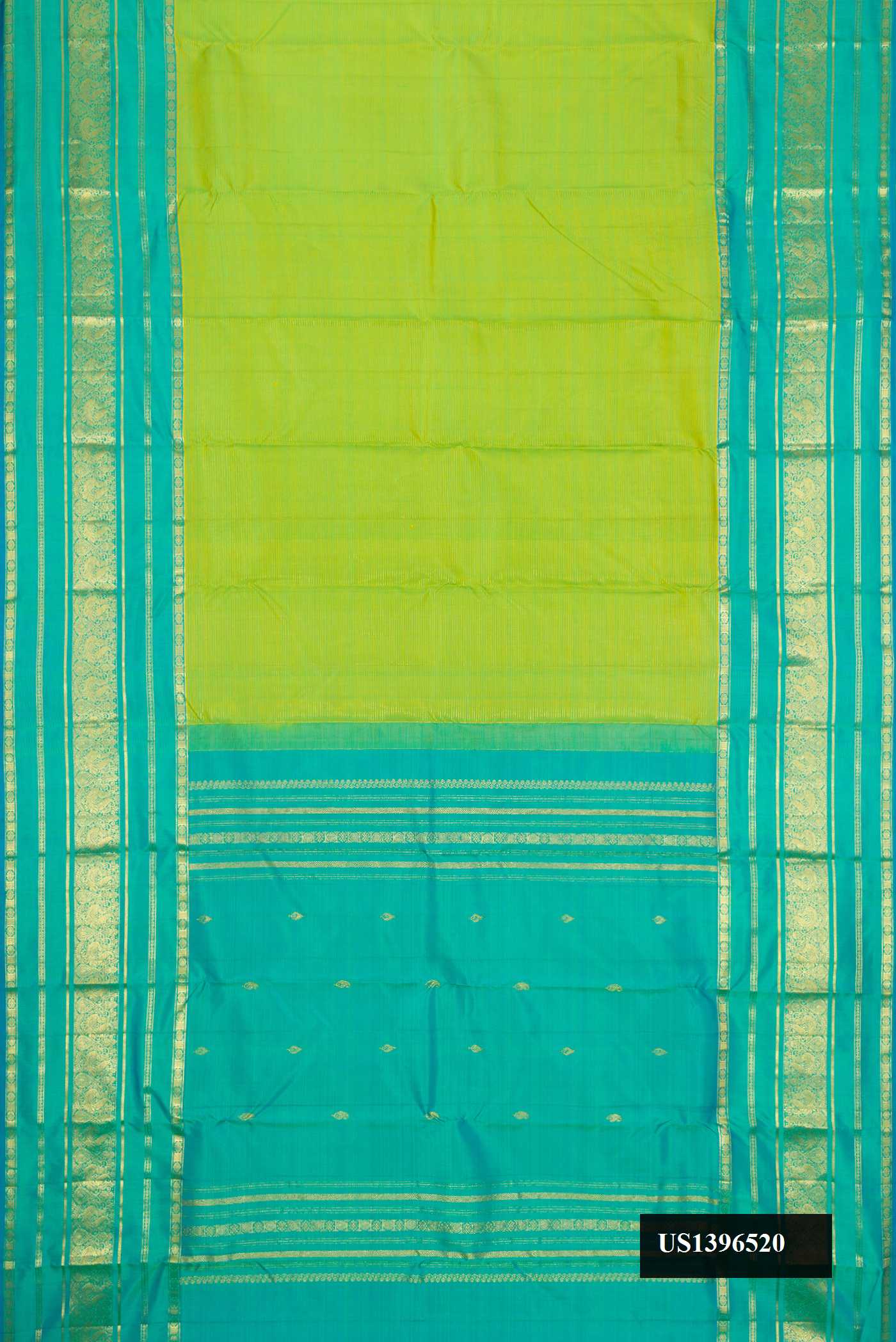 Parrot Green Dual Tone Kanchipuram Silk Saree with Stripes on the body and Zari Border.  displayed on a mannequin