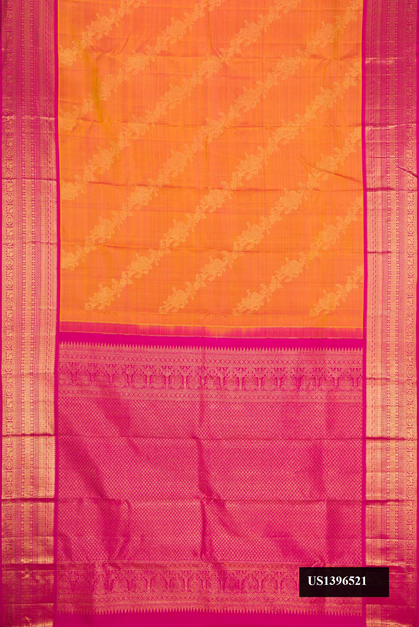 Mustard Dual Tone Kanchipuram Silk Saree with Zari Butta on the body and Zari Border.  displayed on a mannequin