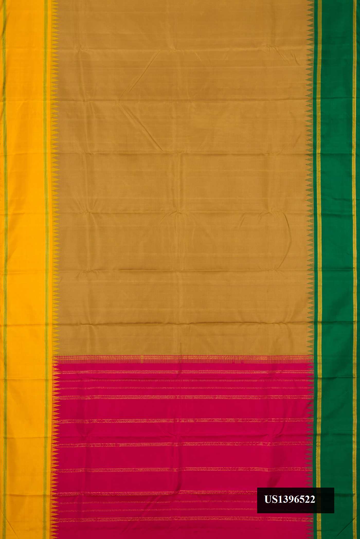 Dark Beige Dual Tone Kanchipuram Silk Saree with Plain Body and Ganga Jamuna Border.  displayed on a mannequin